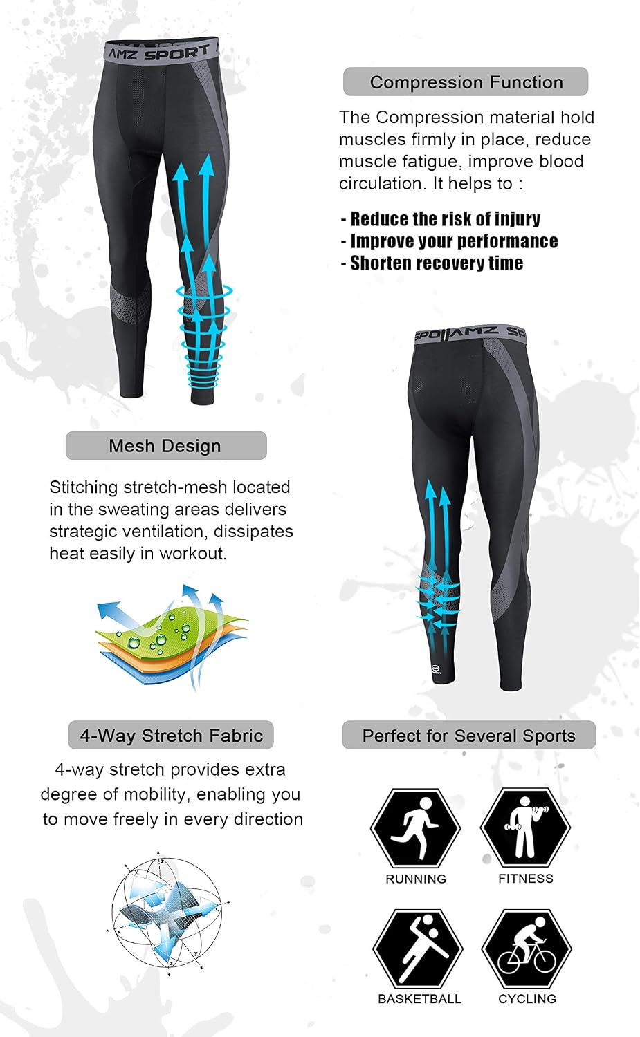 Detalle de AMZSPORT Leggings Compression Cool Dry – collants de gym à séchage rapide