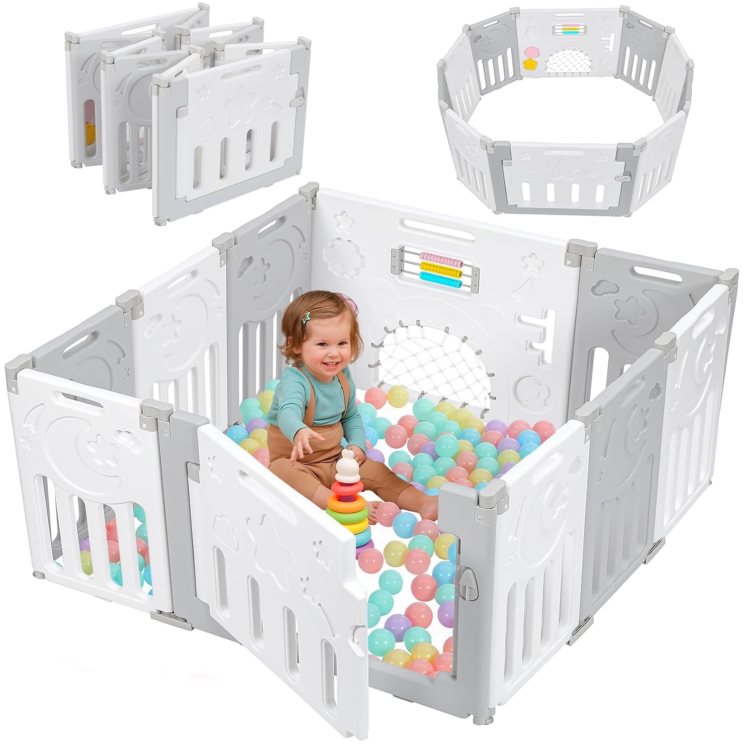 Detalle de 10-Panel Foldable Baby Playpen, Adjustable PE Play Yard with Gate, Gray and White