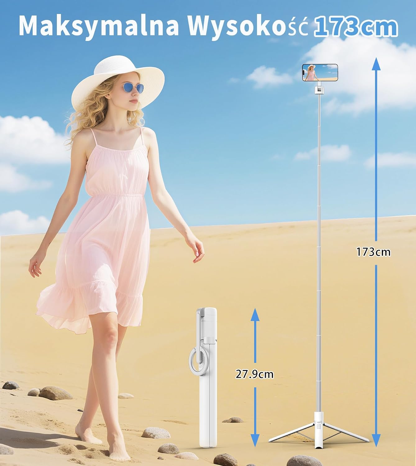 Detalle 2 de TONEOF CX609 magnetyczny statyw do selfie 173 cm, MagSafe, pilot, biały