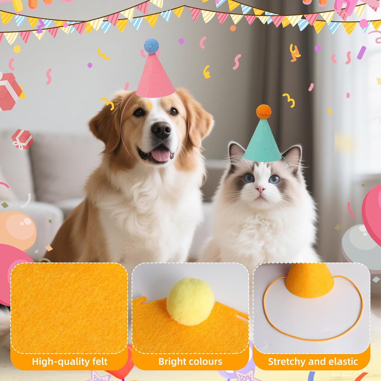 Thumbnail 2 de EclipseGuard 12 Mini Partyhüte mit Pompoms – Tierparty-Dekoration für Hunde, Katzen & Kuscheltiere