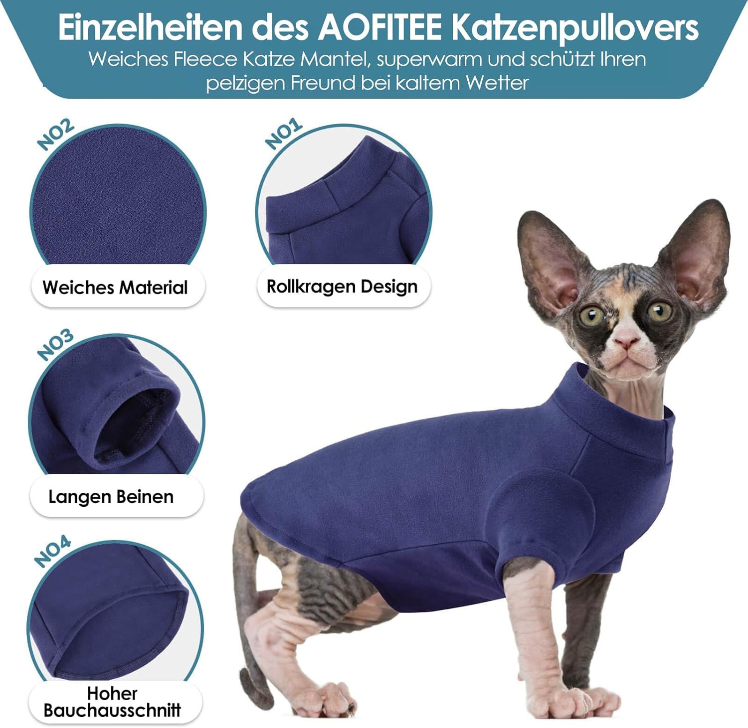 Thumbnail 1 de AOFITEE Katzenpullover Winter für Sphynx & haarlose Katzen – weicher Fleece-Halbrollkragen