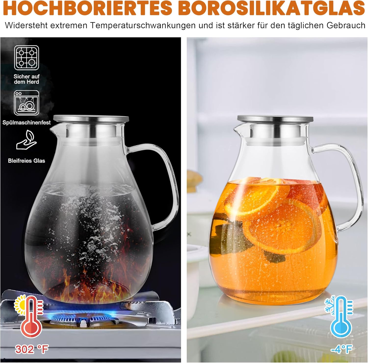 Thumbnail 6 de SUSTEAS Wasserkaraffe 3,0 Liter aus Borosilikatglas mit Deckel, breitem Griff & Reinigungsbürste