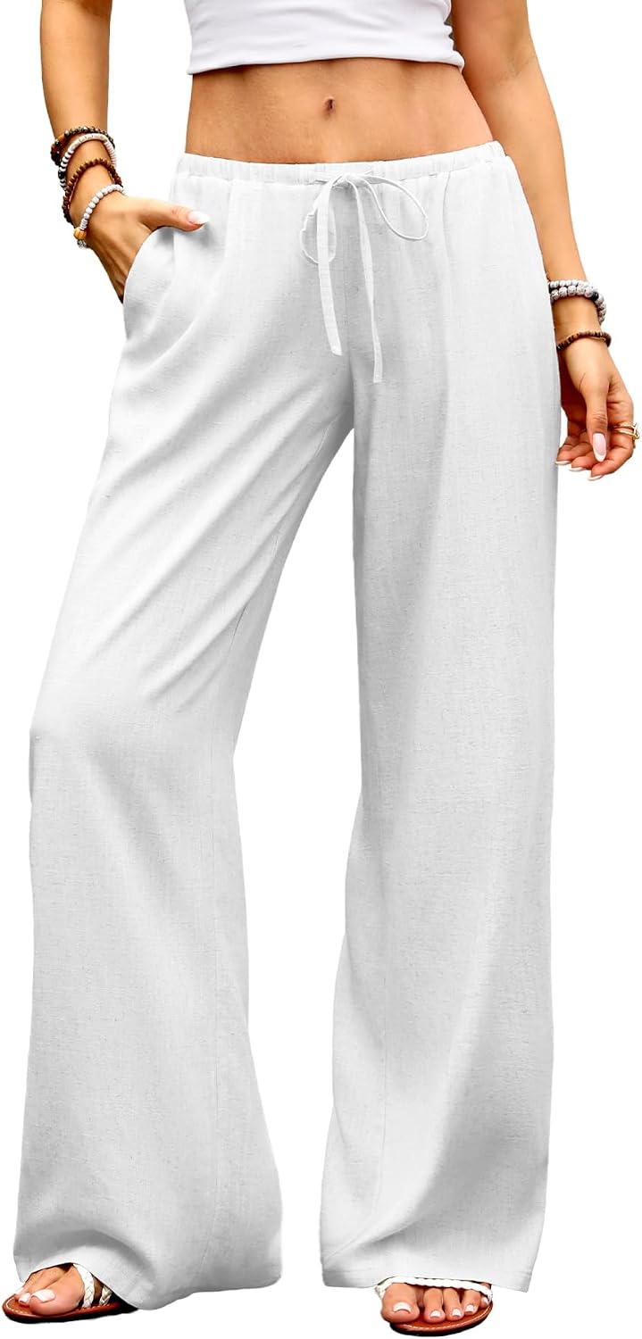 Detalle de ELLEVEN Womens Low Rise Wide Leg Linen Pants – Breathable, Lightweight Palazzo Trousers