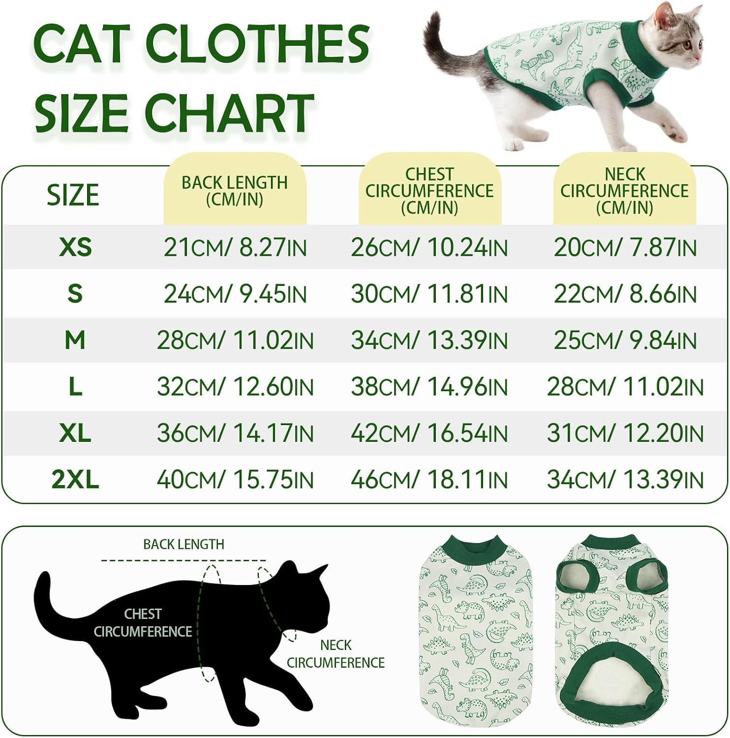 Detalle de OUOBOB Sleeveless Cat Vest in Dralon Fleece – Dino Print, Sphynx & All Breeds (Green M)