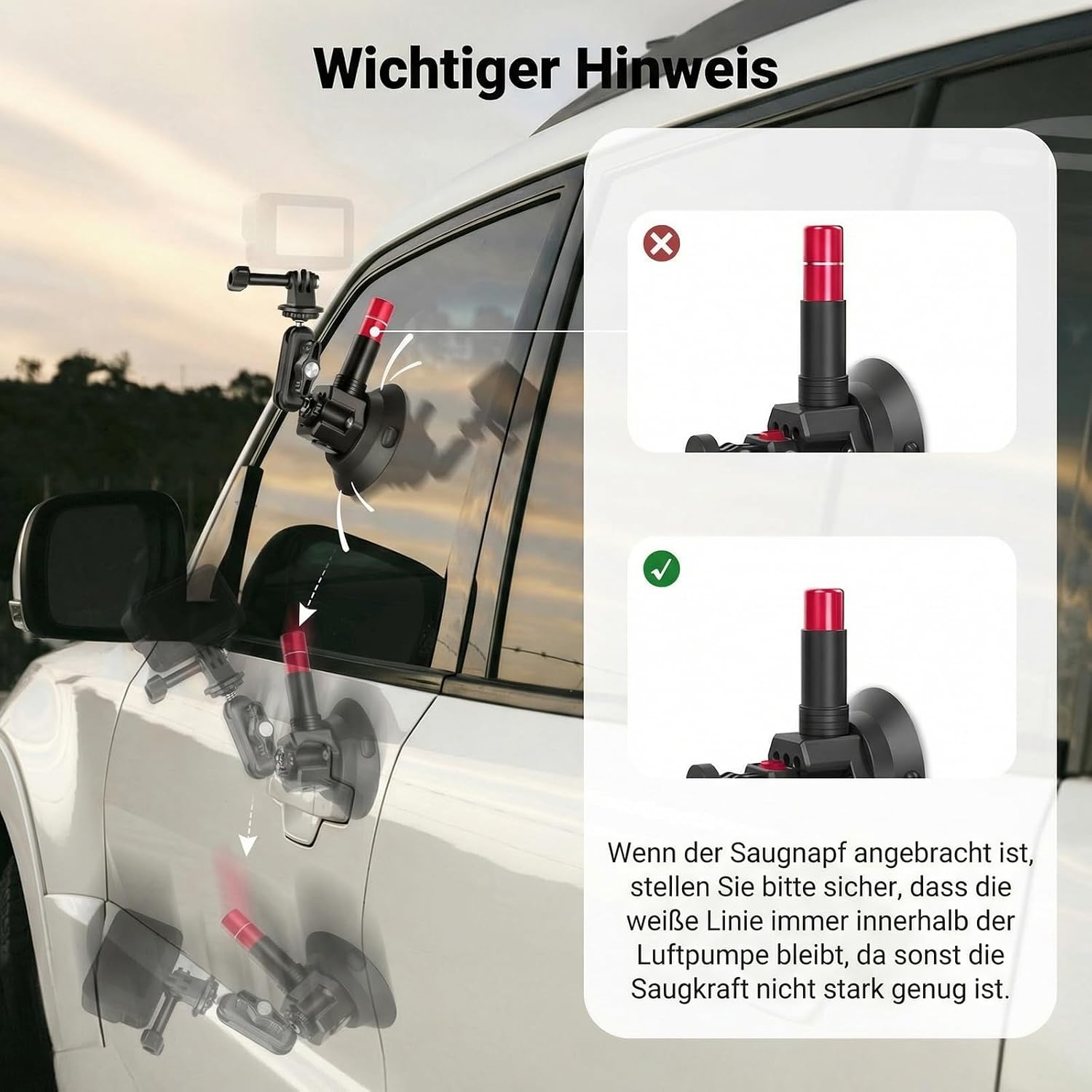 Detalle de NEEWER Dreifach Saugnapf Autohalterung CA065 für Insta360 X5/X4 & GoPro – mit 2-in-1 Teleskopstange