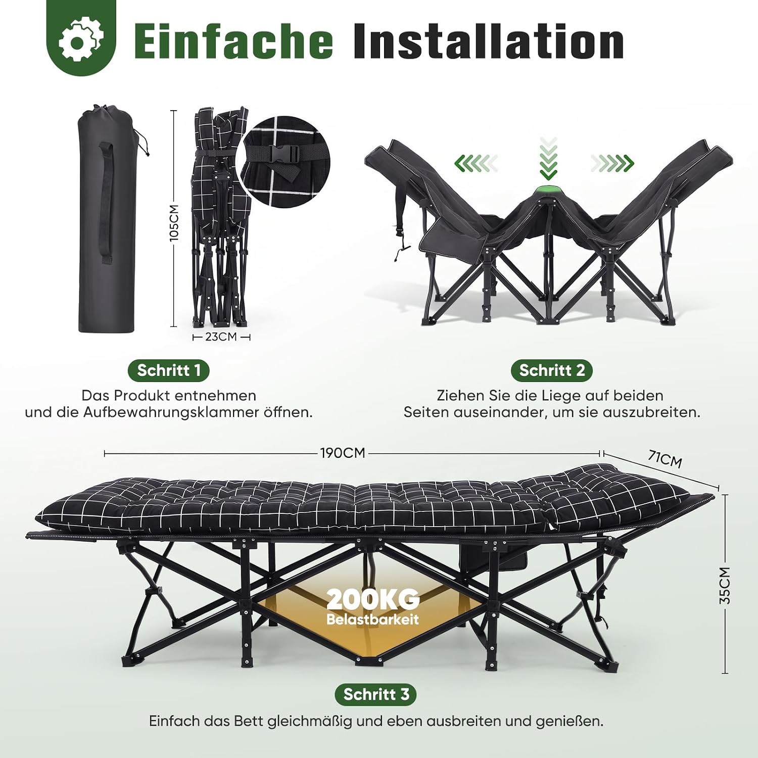 Detalle 2 de Sekey Feldbett Klappbar XXL 190 × 71 × 35 cm mit Matratze – Campingbett mit stabilem Stahlrahmen