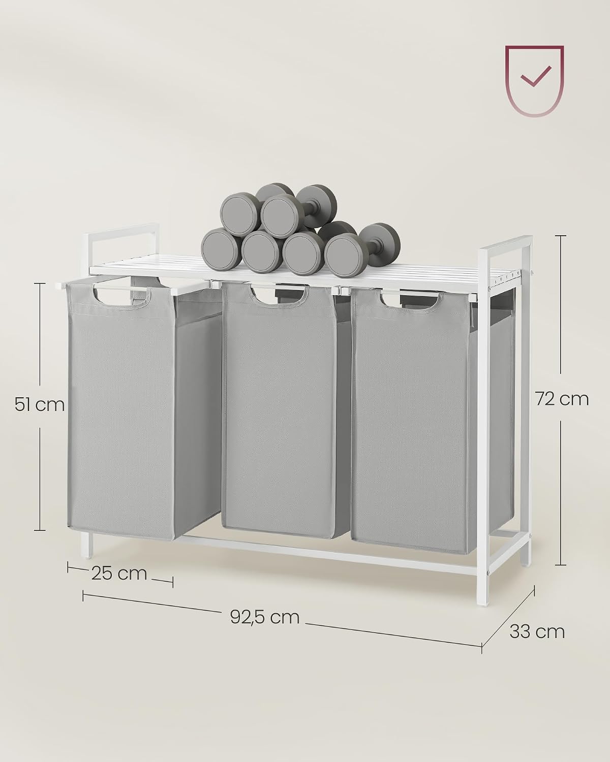 Detalle 1 de VASAGLE BRENTA BLH301W03 – kosz na pranie 120 l z 3 komorami i półką