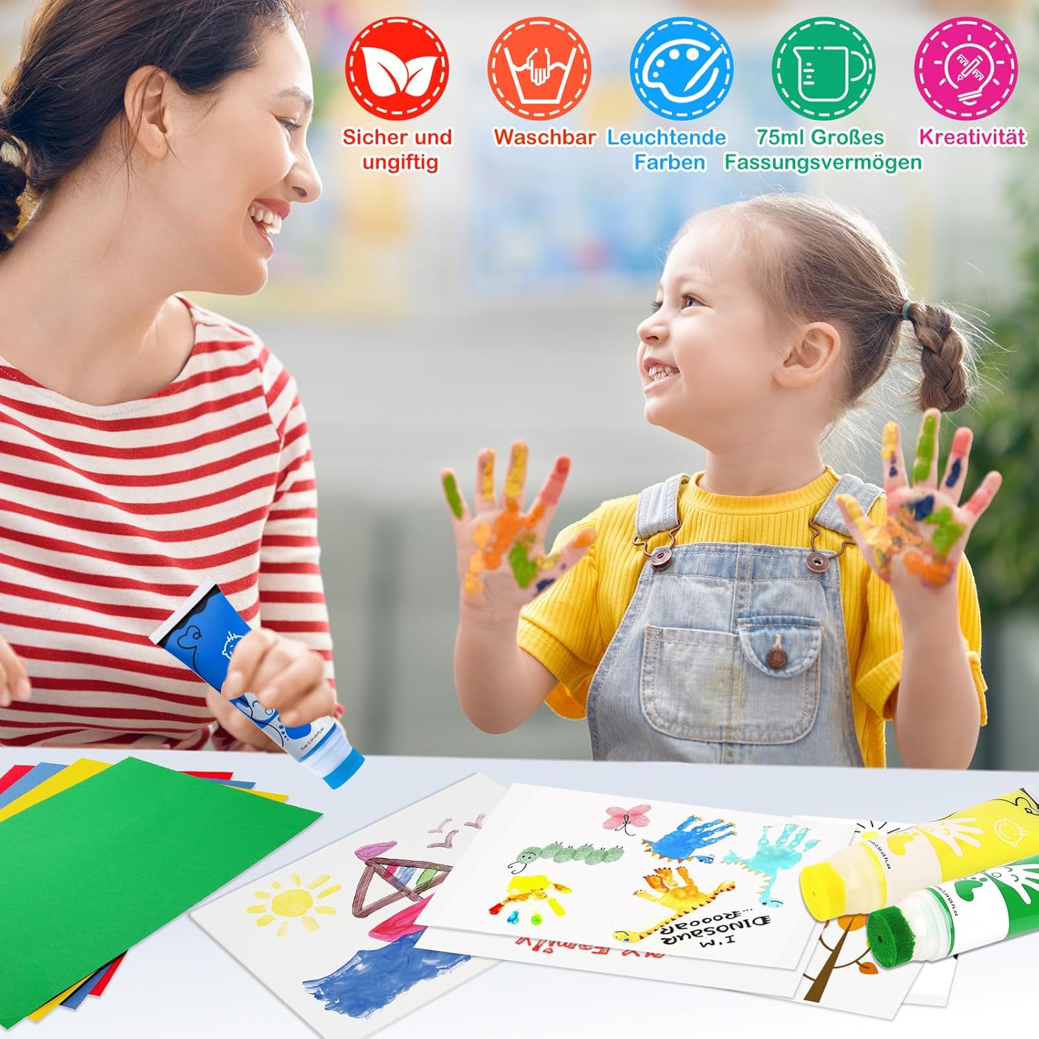 Detalle de TOGOU2S Fingerfarben Kinder Ungiftig mit Schwammkopf – 8 Farben, waschbar, 75 ml/Schlauch