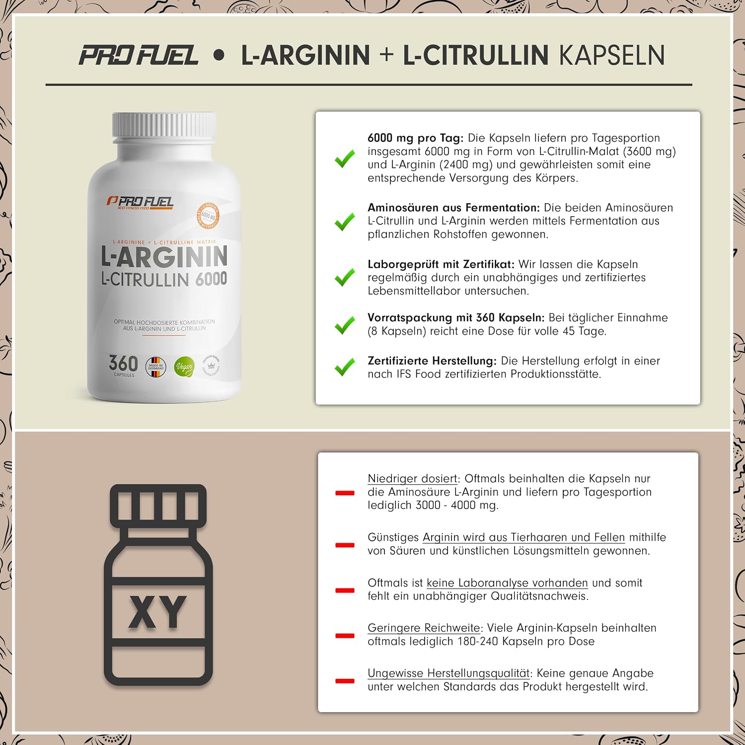 Detalle de L‑Arginin + L‑Citrullin‑Malat 360 Kapseln — 6000 mg täglich 💊