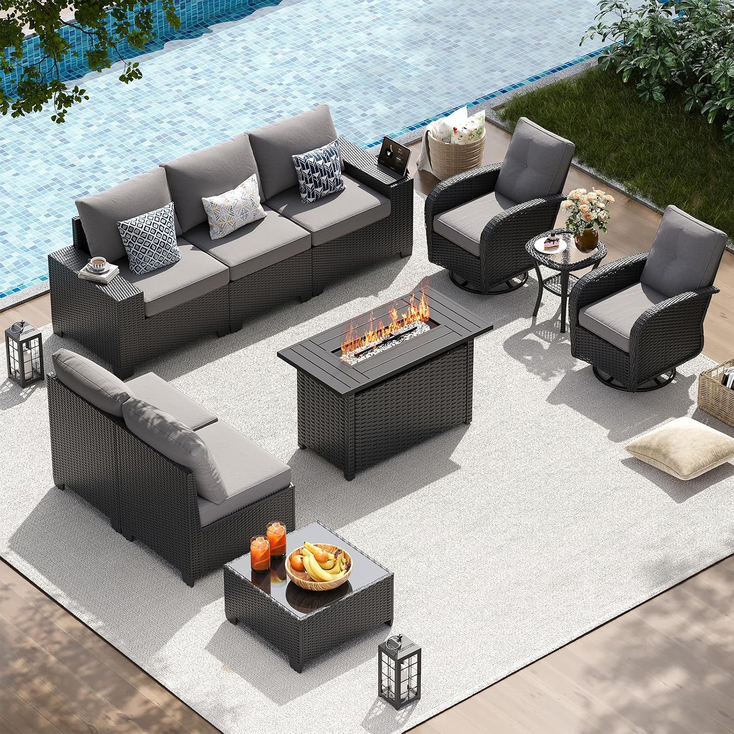 LazySunsets G12039 10-Piece Patio Set with 44-Inch Fire Pit and Swivel Rockers