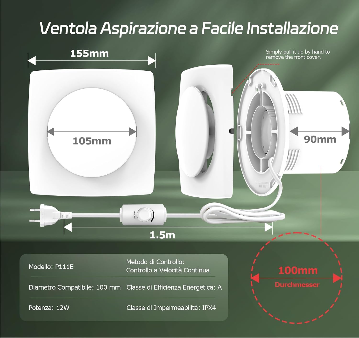 Detalle de BUMSOU Aspiratore Bagno 100mm con Regolatore di Velocità – Silenzioso e Versatile