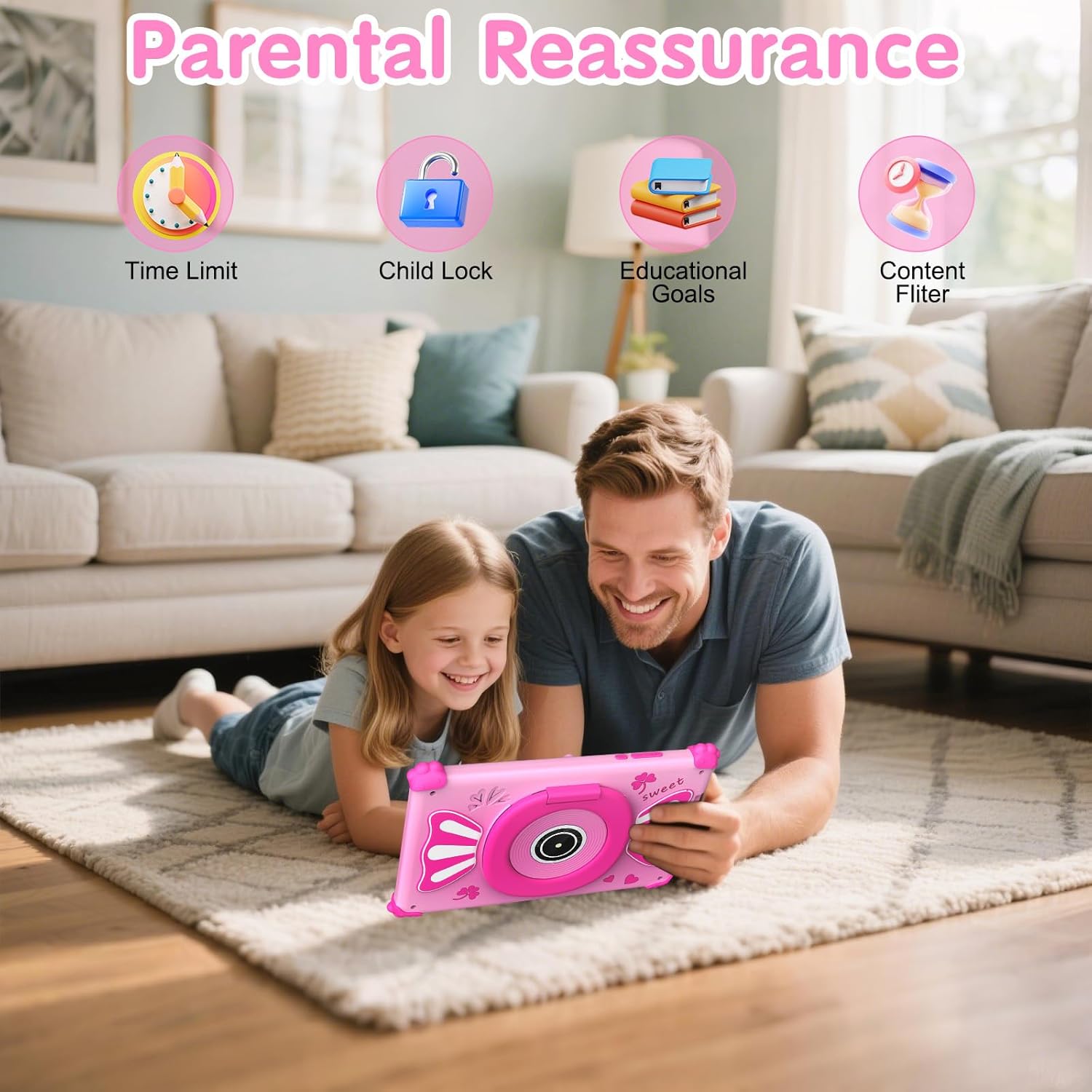 Detalle de ascrecem Kinder-Tablet 7 Zoll mit Android 15, WLAN 6 und Elternkontrolle (Rosa)