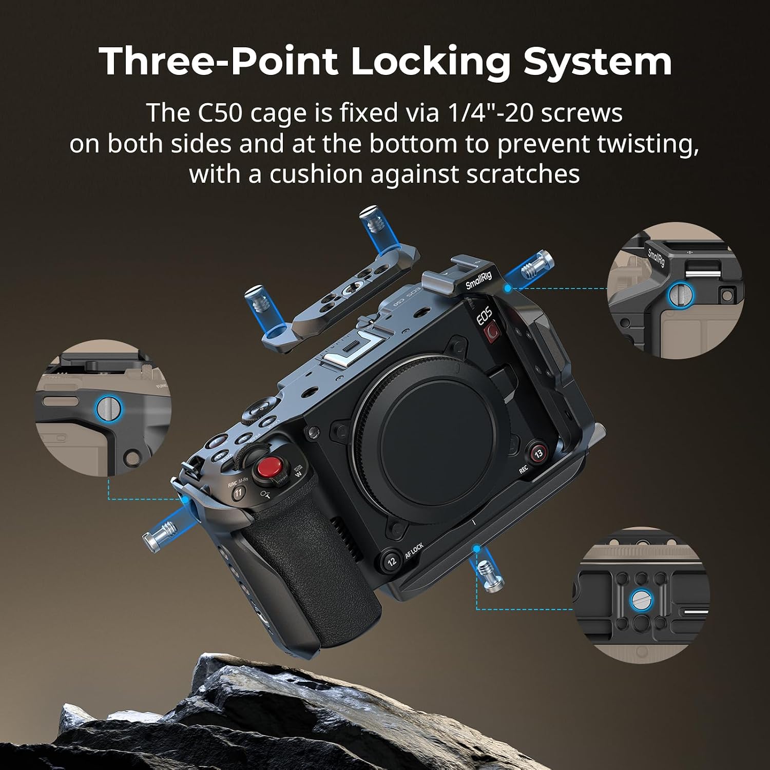 Detalle de SMALLRIG 5809 klatka do Canon C50 z uchwytem i płytką Arca