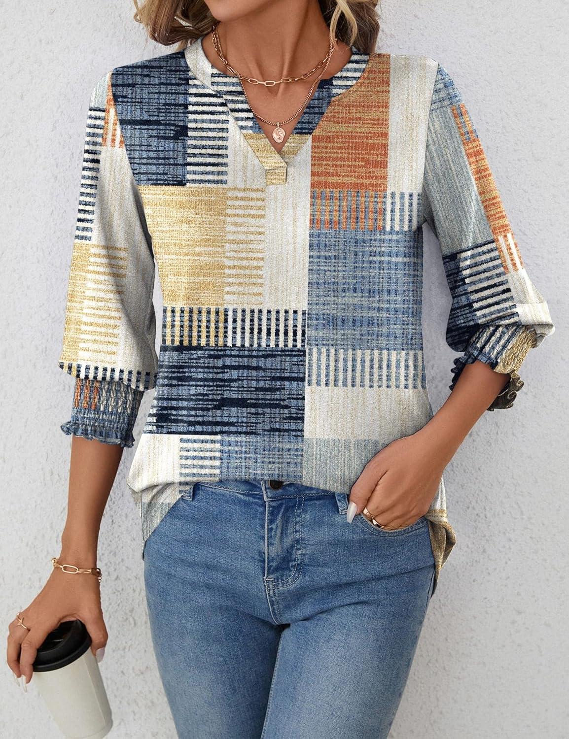 Thumbnail 1 de Rapbin Damen Bluse mit 3/4-Ärmeln, V-Ausschnitt und Blumenmuster – Tunika-Style für Sommer & Übergang