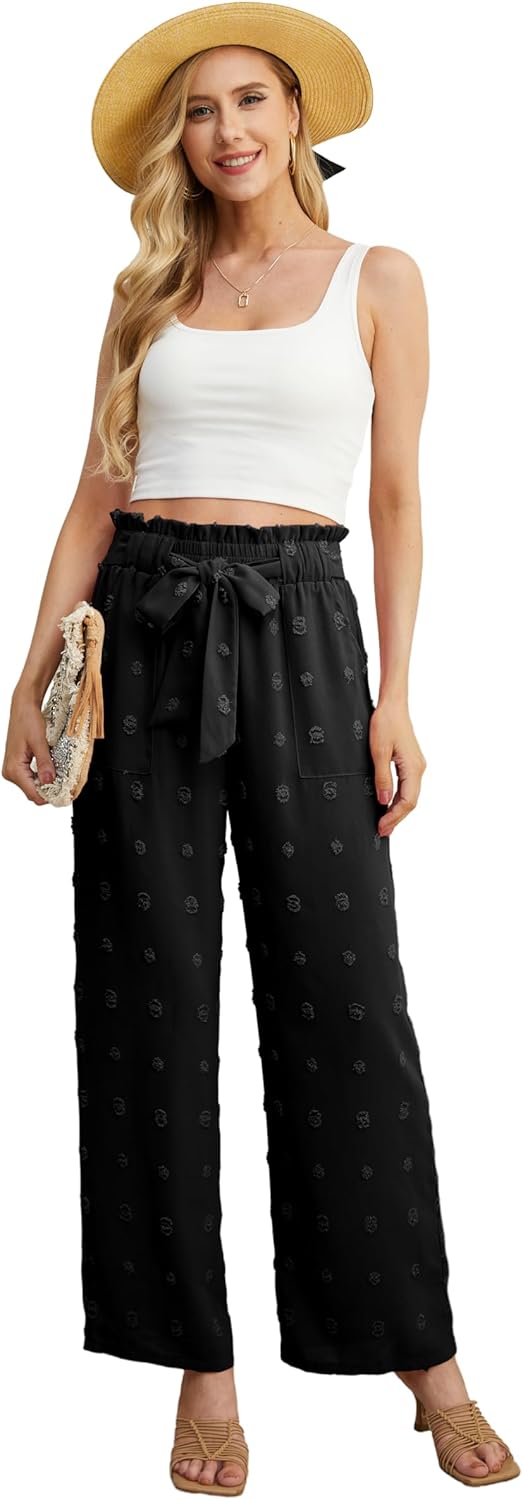 Detalle de IWOLLENCE Women's Wide Leg Pants with Pockets: High Waist Knot Tie & Loose Casual Style