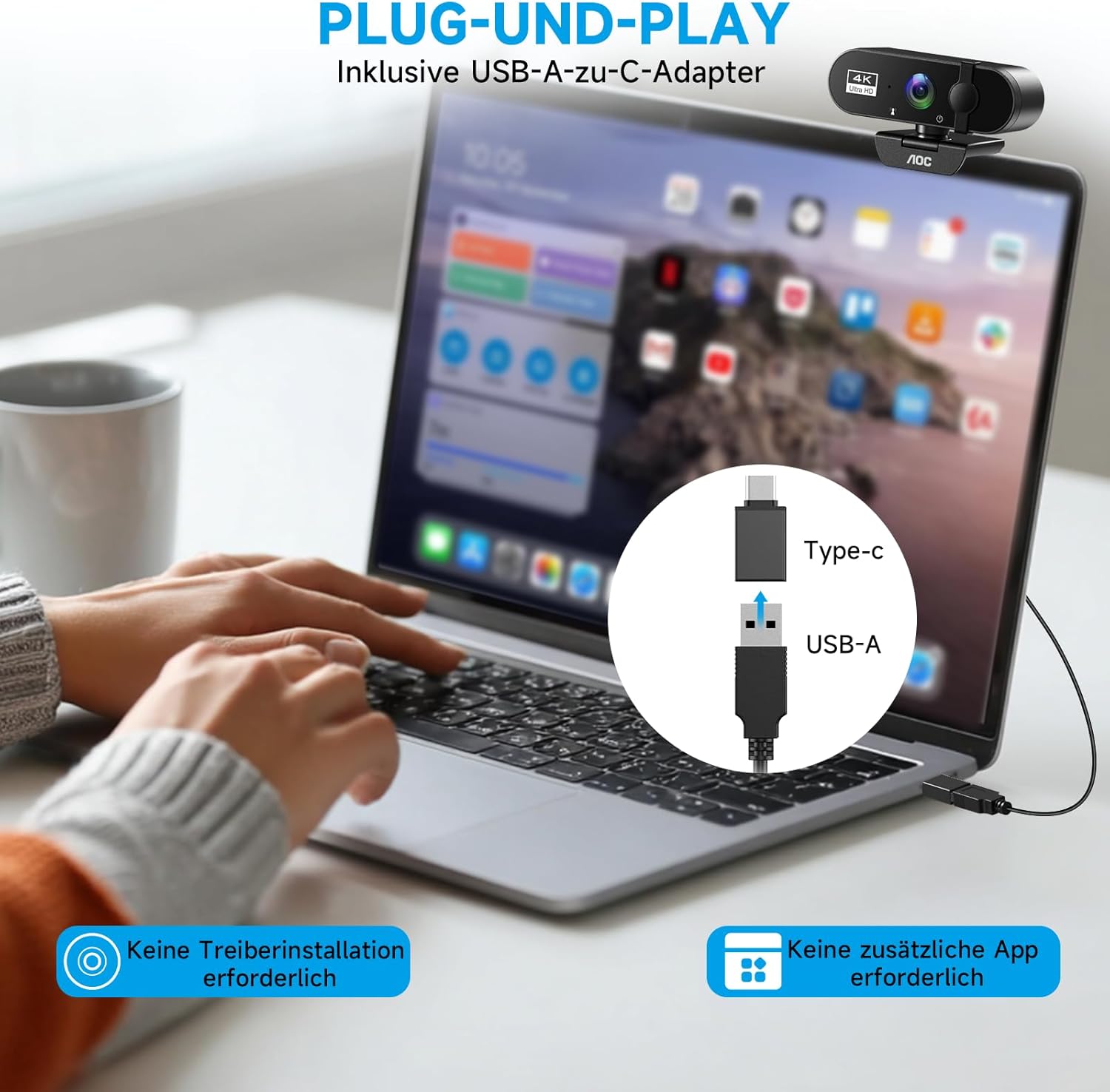Detalle de AOC Webcam 4K Ultra HD mit Mikrofon, Privatsphärenabdeckung und Plug‑&‑Play