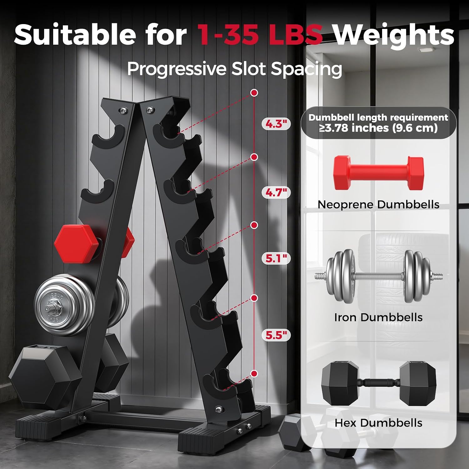 Detalle de AKYEN AKDRBK-US06 Dumbbell Rack, 5-Tier A-Frame, 480 lb Capacity