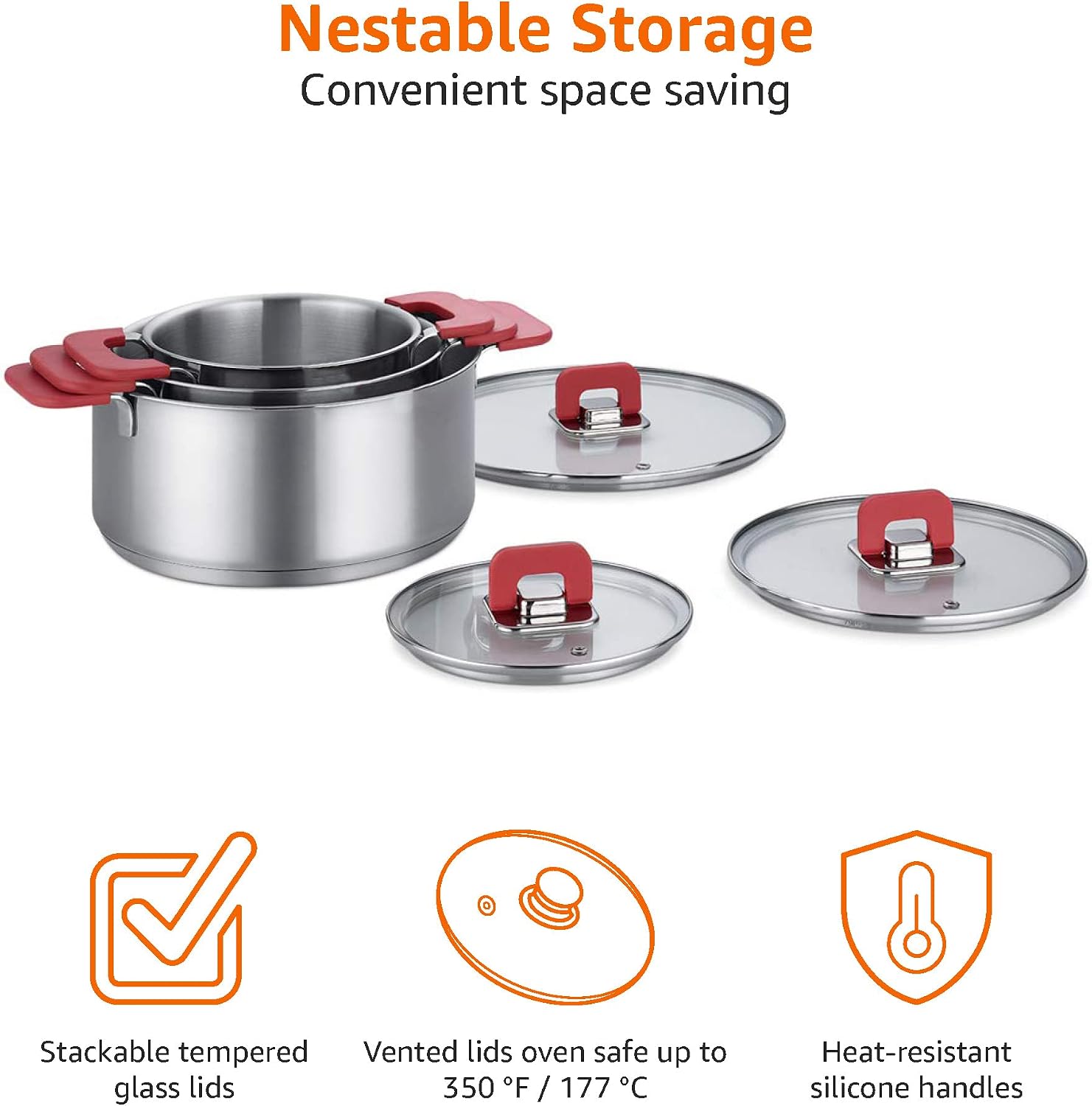 Detalle 2 de Amazon Basics 3-Piece Stainless Steel Space Saving Induction Cookware Set (16/20/24 cm)