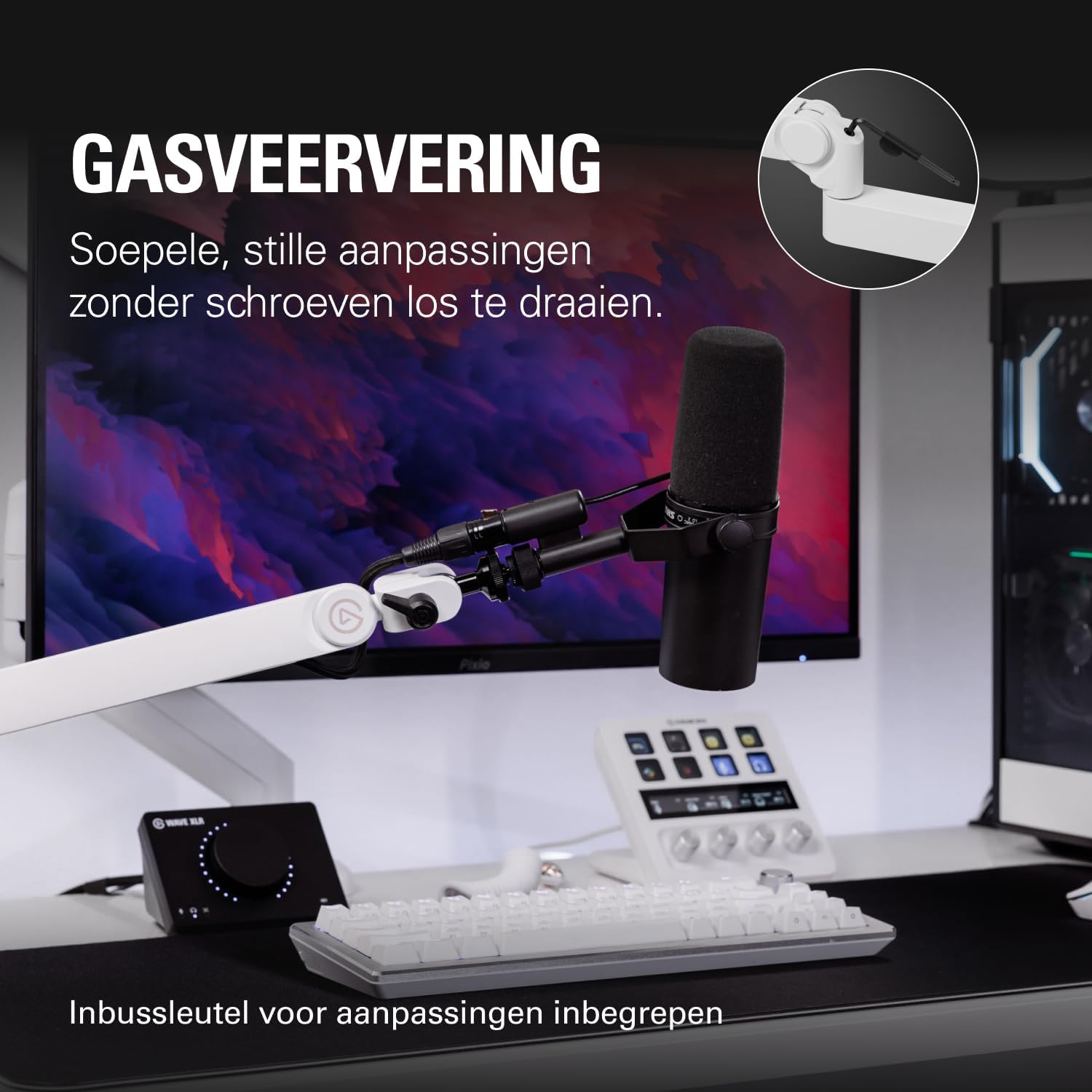 Detalle de Elgato Wave Mic Arm Pro White microfoonarm met gasveer en 360 graden draaibereik