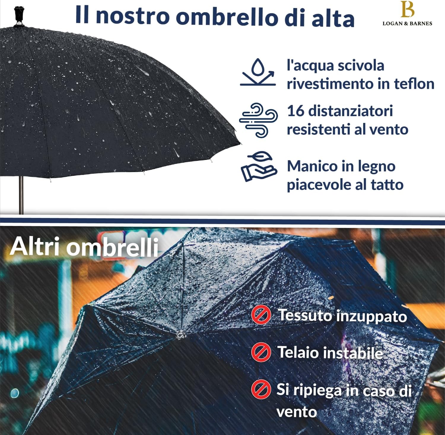 Thumbnail 1 de LOGAN & BARNES Ombrello antivento Edinburgh Ø120 cm – XXL in legno autentico, 16 stecche e punta in gomma