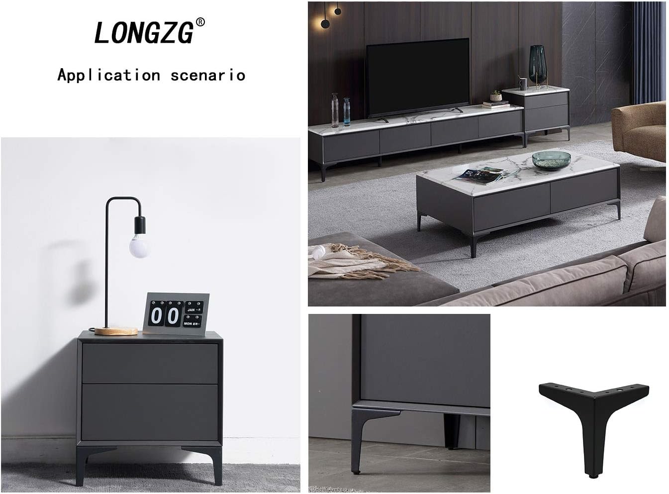 Detalle 2 de LONGZG 4 Metall-Möbelfüße (15 cm), schwarz – DIY Dreiecktischbeine für Schrank, Sofa & Couchtisch