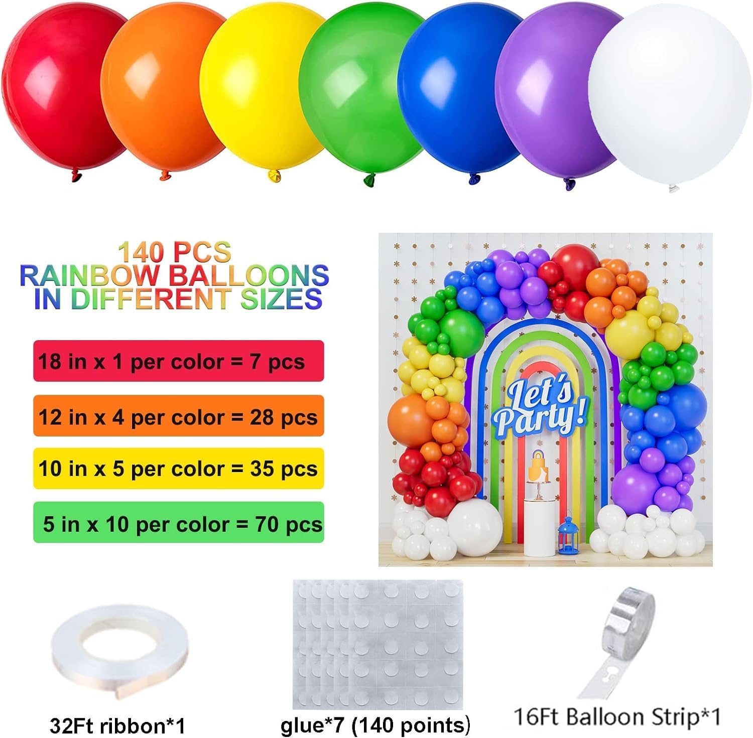 Detalle de Rainbow Balloons 140pcs Assorted Sizes Colour Latex Balloons – Multicolour Party Kit