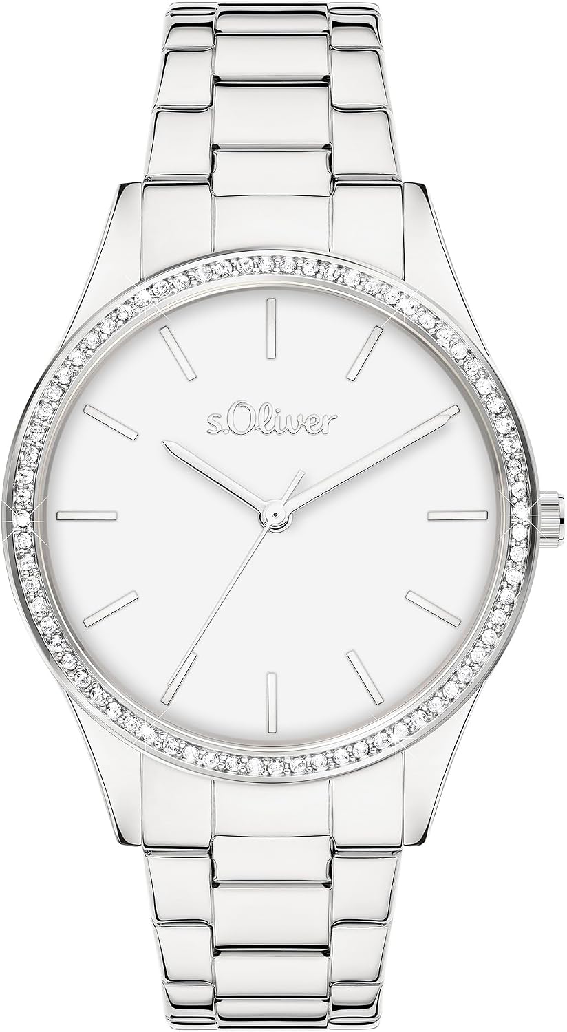 Detalle de s.Oliver Damenuhr mit funkelnden Steinen und Edelstahlband – 34 mm, sportlich-elegant