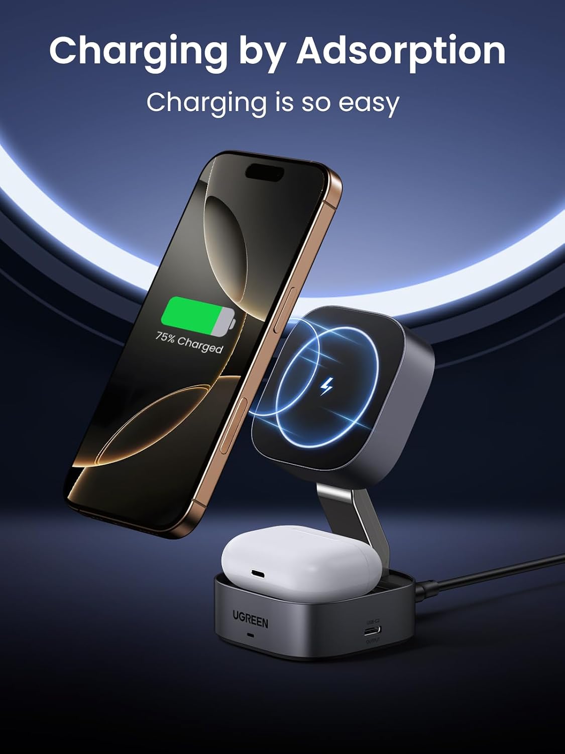 Detalle de UGREEN MagFlow MagSafe 2‑in‑1 Wireless Charger Stand