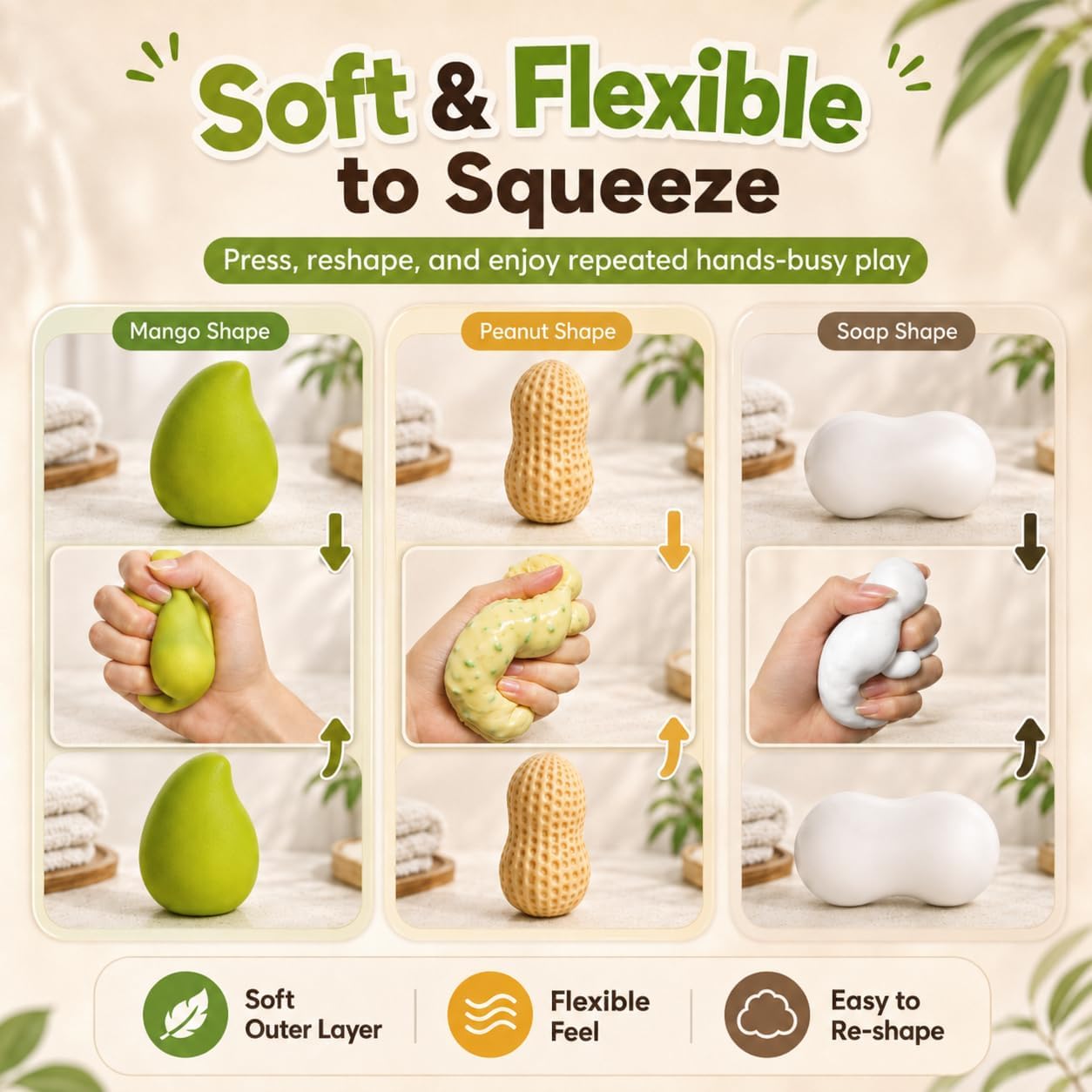 Detalle 1 de WAZNFYV 3-Pack Crunchy Squishy Toys, Mango, Peanut & Soap Shapes
