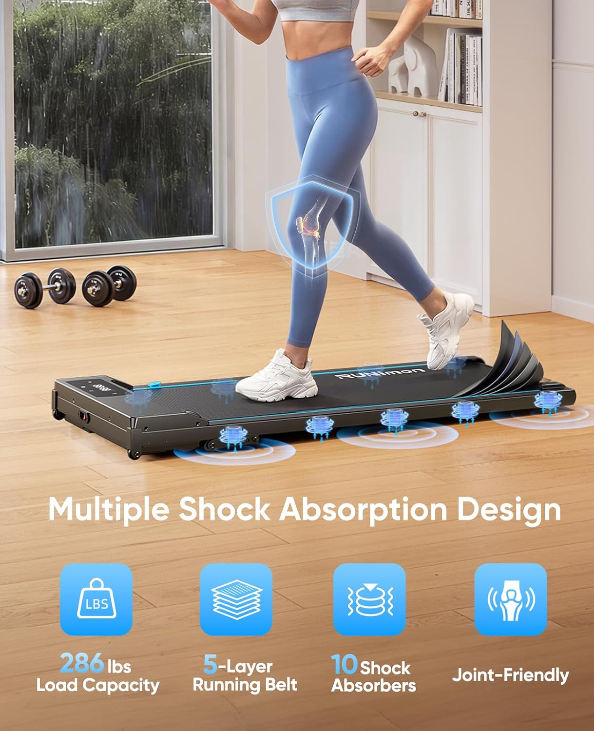 Detalle 1 de RUNIMON Walking Pad Treadmill with Manual Incline, LED Display and App Control