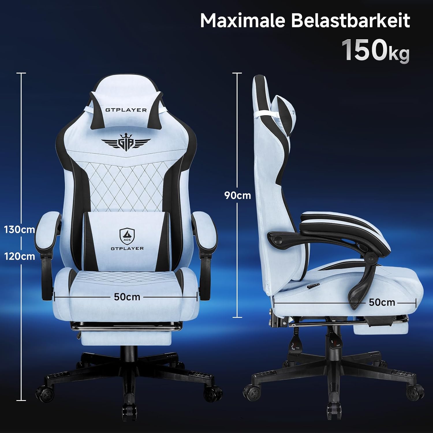 Thumbnail 2 de GTPLAYER Sedia da gaming ergonomica in velluto azzurro con supporto lombare, schienale 150° e poggiapiedi