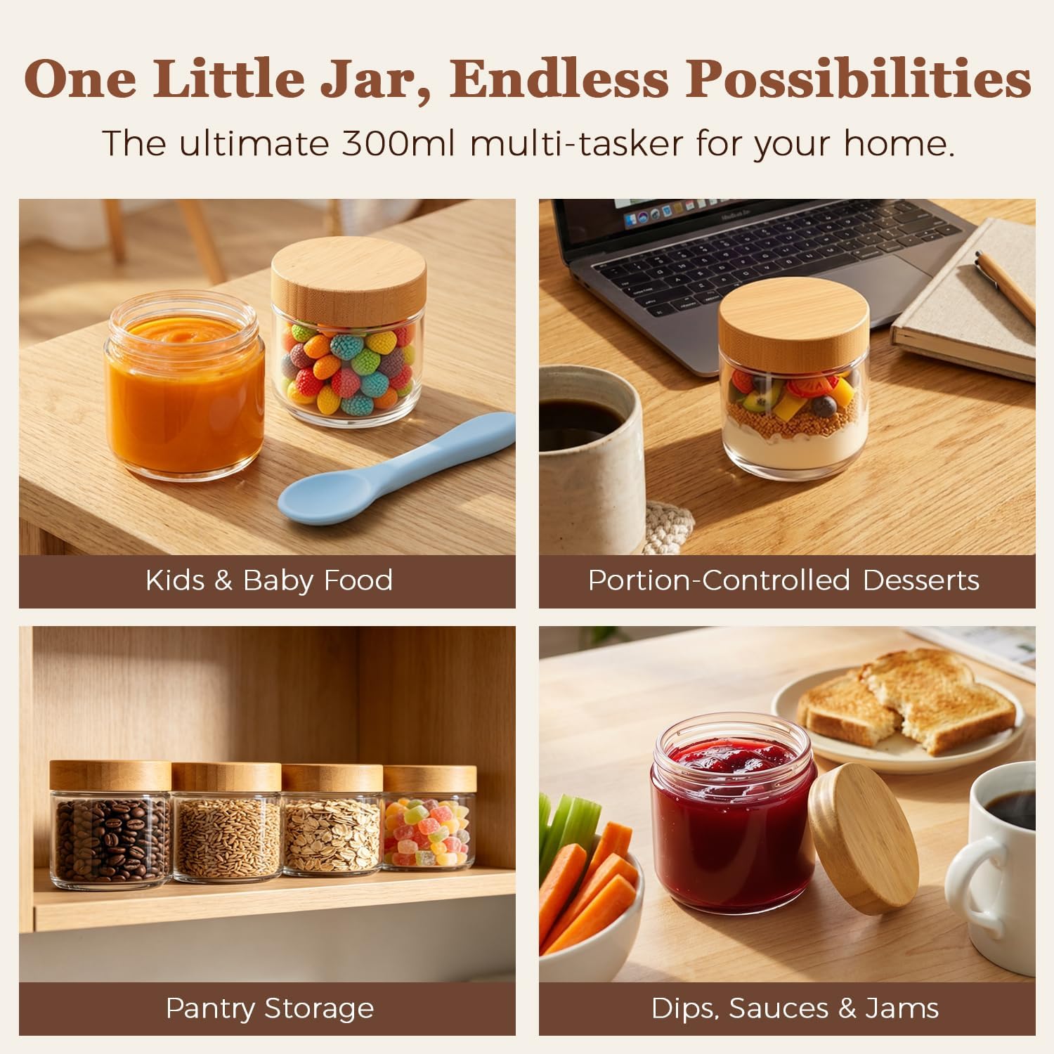Thumbnail 5 de ComSaf 300 ml Glass Overnight Oats Jars, Pack of 4 with Bamboo Lids