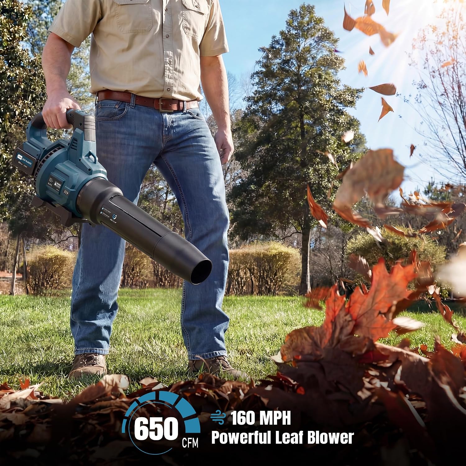 Detalle de LOSART CYJ Cordless Leaf Blower, 650 CFM, 3 Speeds, Two 5.0Ah Batteries