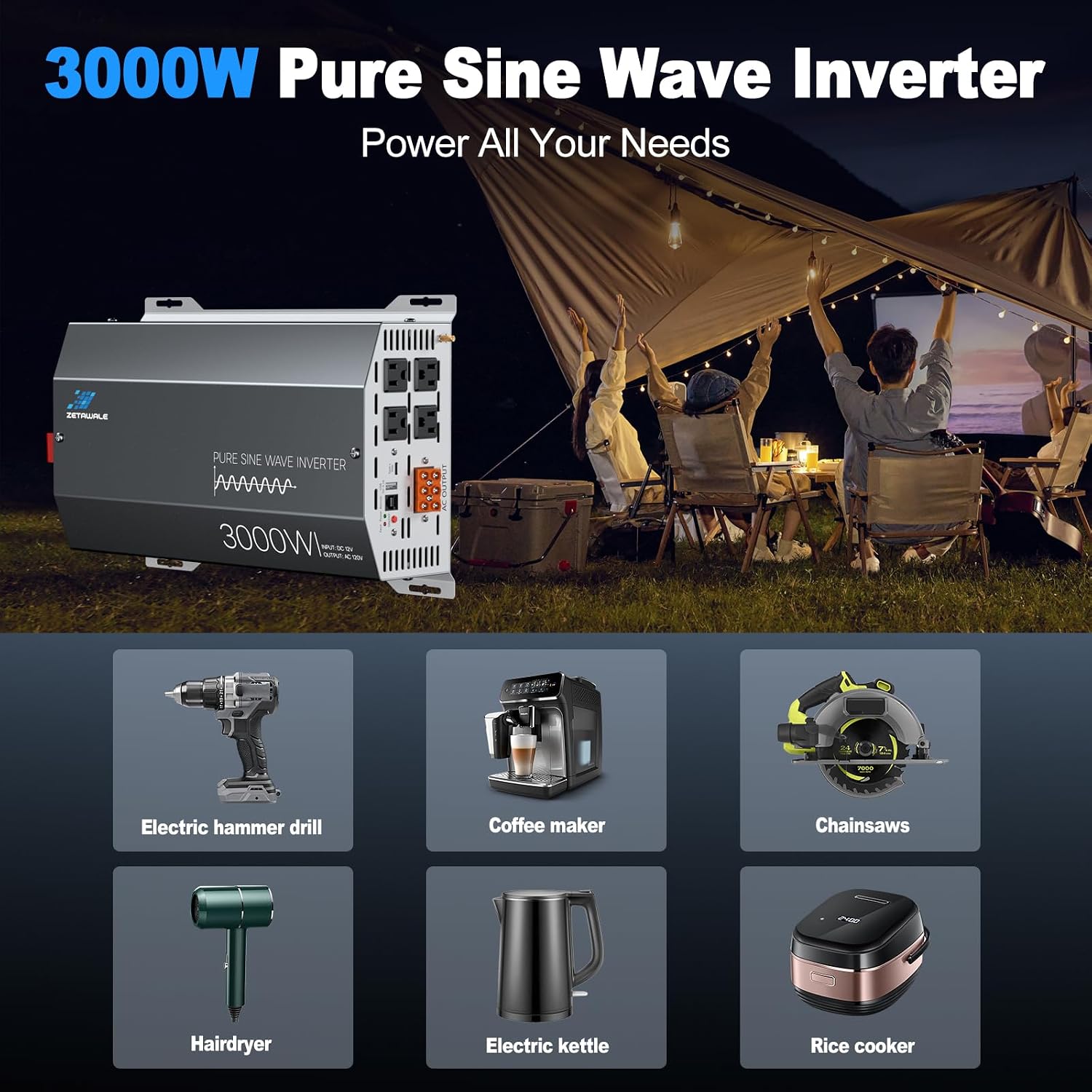 Detalle de 3000 Watts Pure Sine Wave Inverter 12V DC to 110V/120V AC with 6000W Peak, LCD Remote, USB-C & 4 Outlets