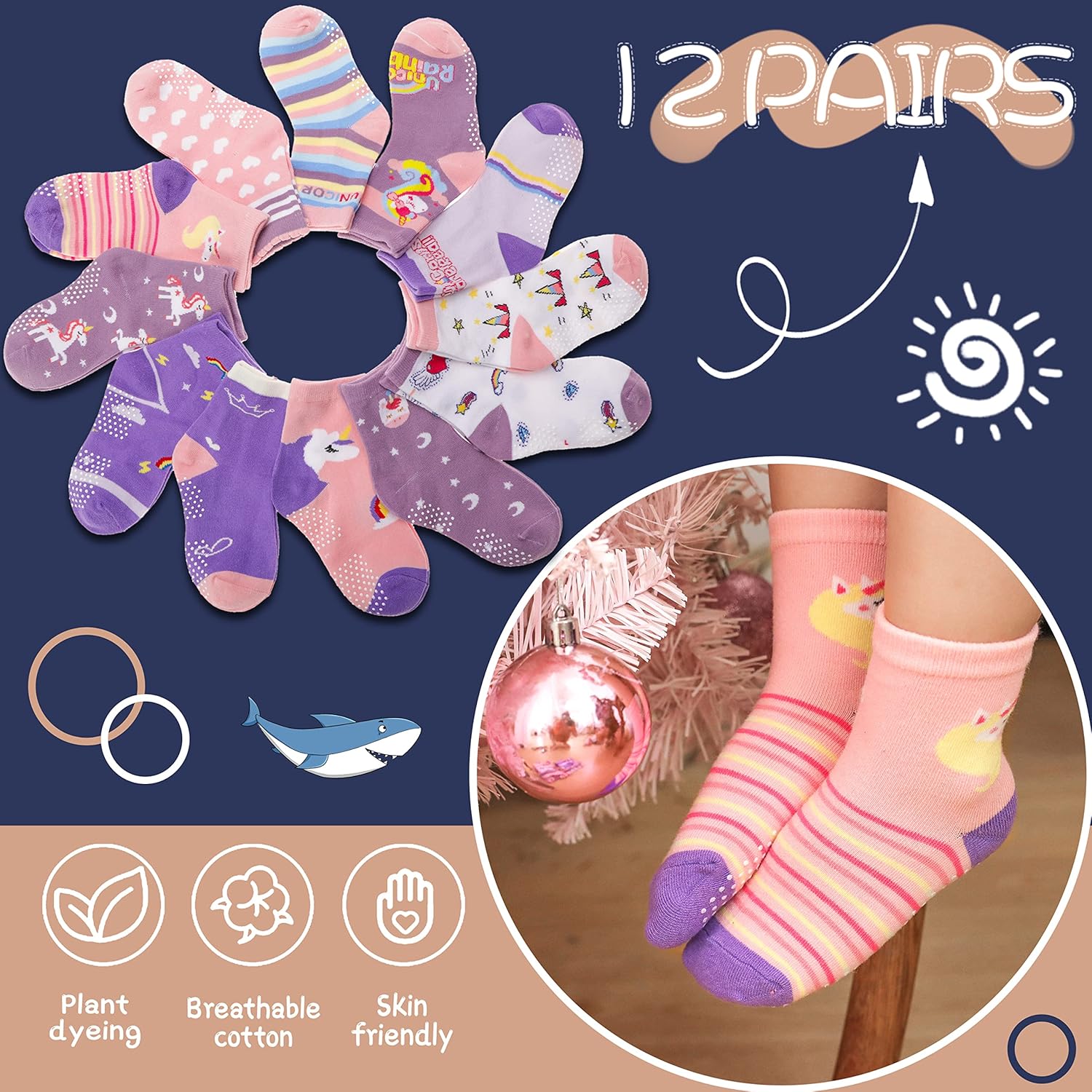 Thumbnail 5 de ANTSANG Stoppersocken Kinder – rutschfeste Baumwollsocken mit 12 Paar in drei Motiven