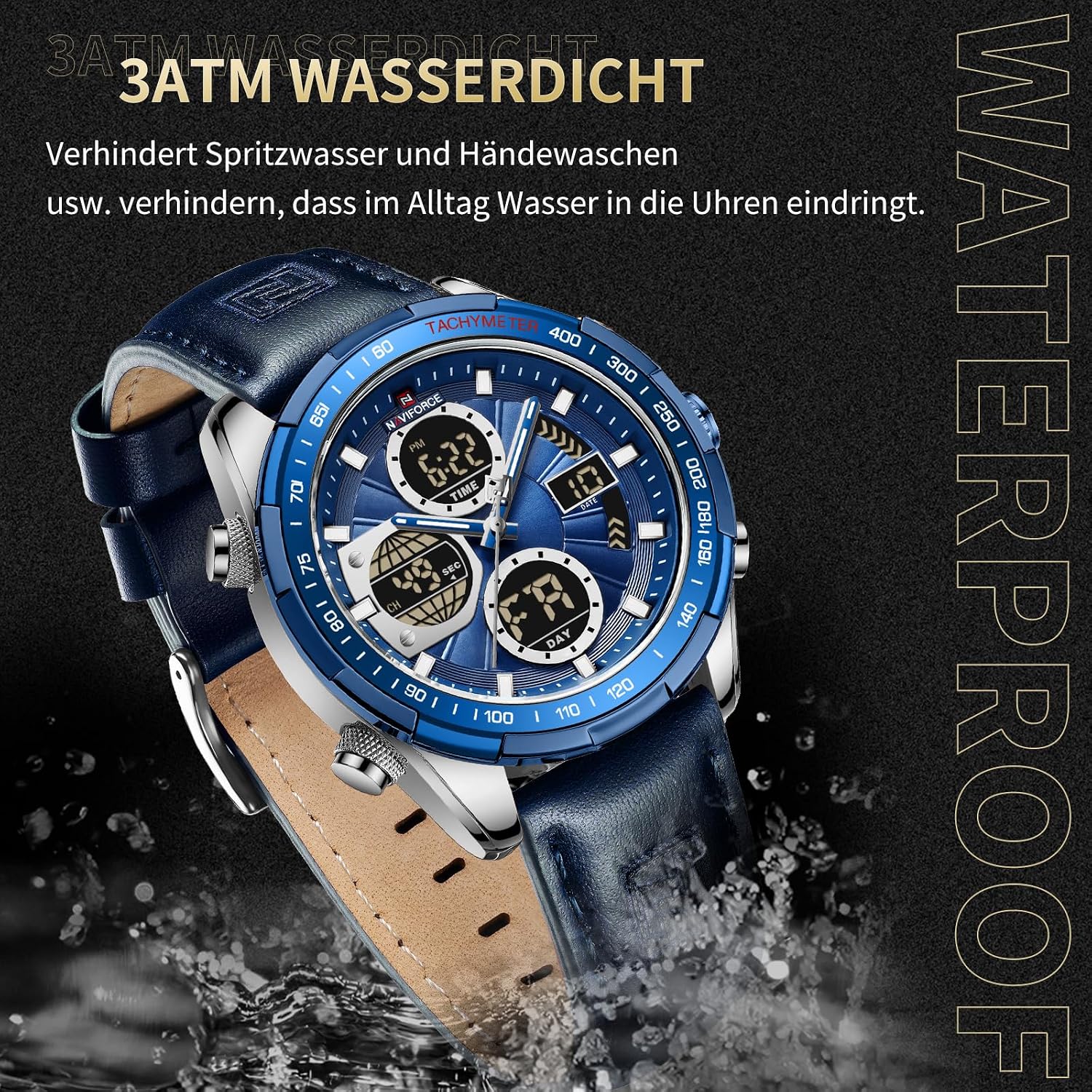 Detalle de Naviforce Herren Militär Digitaluhr—Analoge Quarzuhr mit Lederarmband, wasserdicht bis 30 m