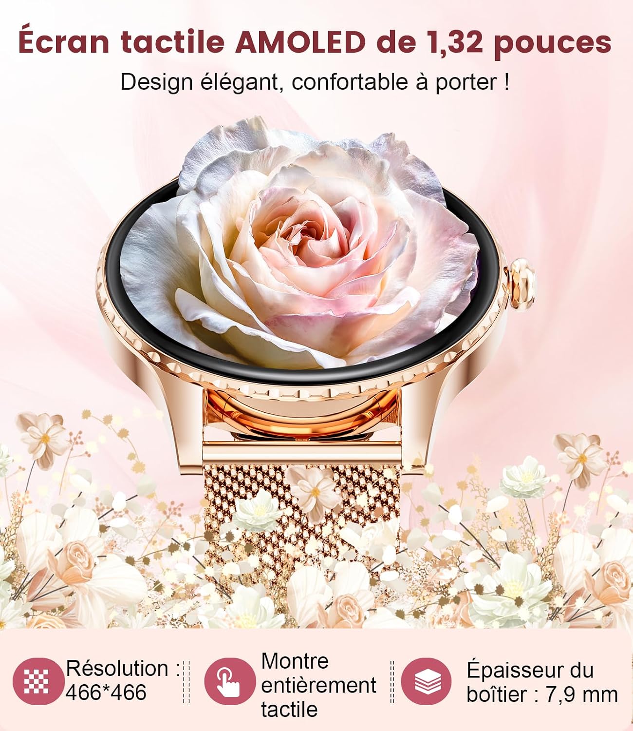 Detalle 2 de Montre connectée femme LIGE SMART avec appels Bluetooth et écran AMOLED 1,32" IP68 (or rose)