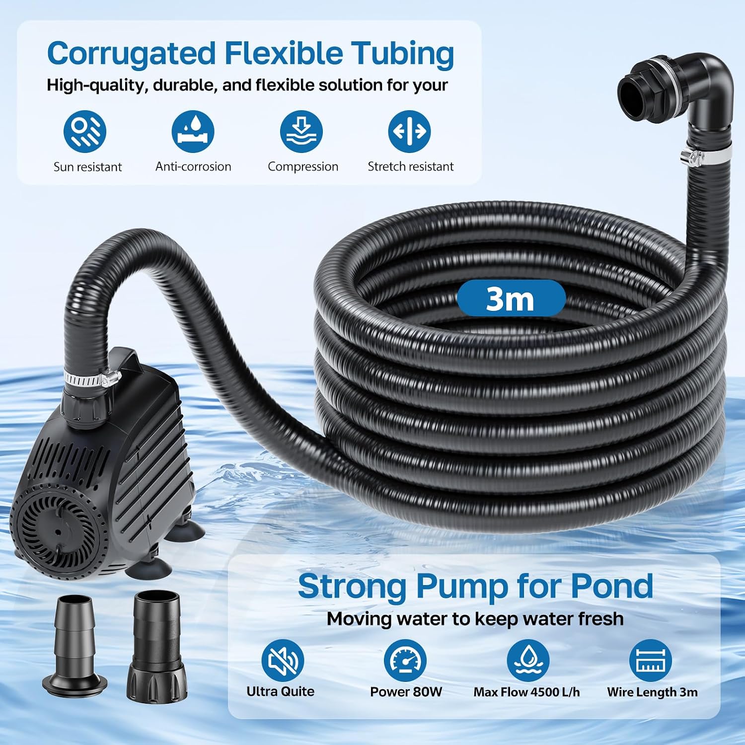 Detalle de POPOSOAP Pond Waterfall Kit with 4500 L/H Pump, 3m Corrugated Tubing and Filter Media