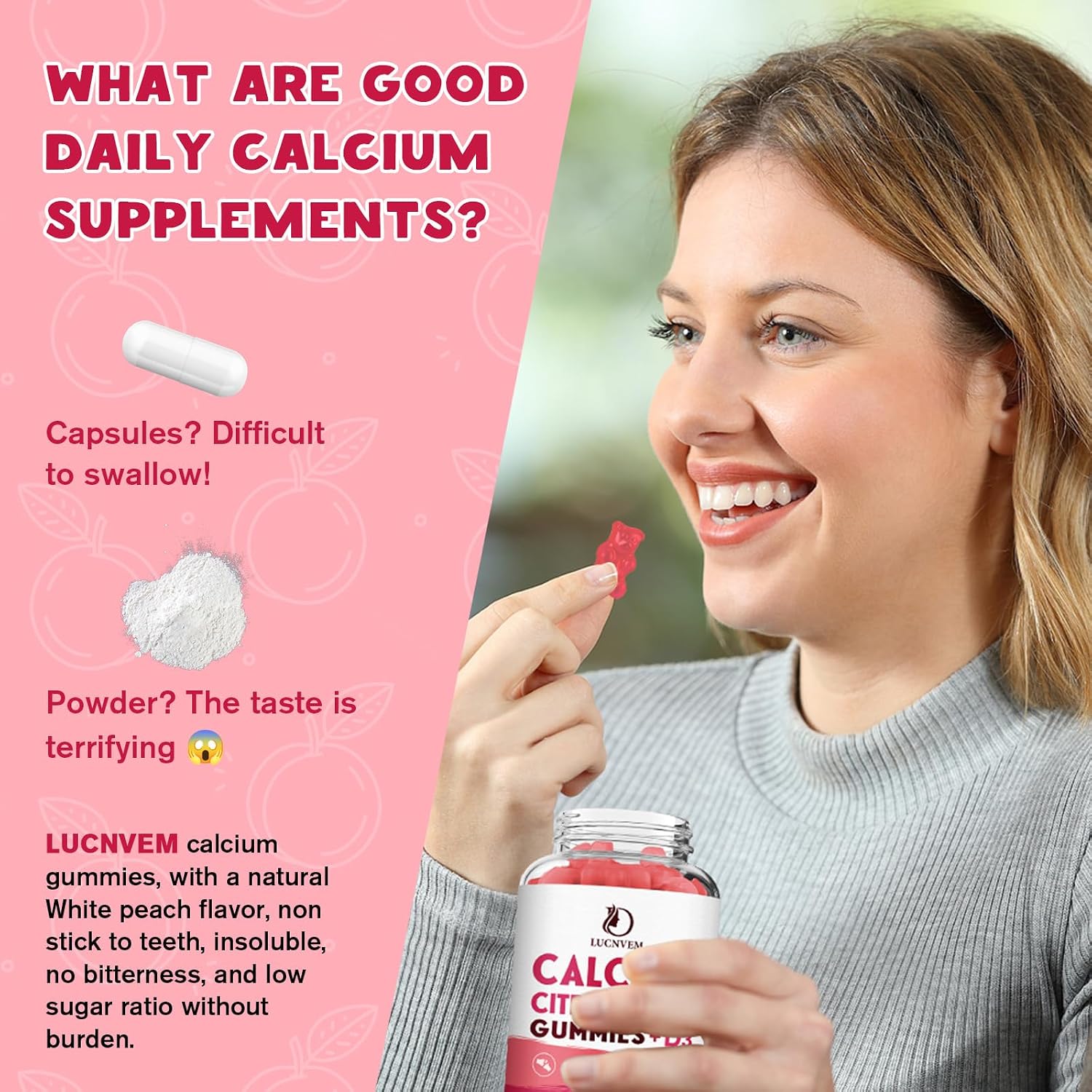 Detalle 2 de LUCNVEM Calcium Citrate Gummies, Peach Flavor with Vitamins D3 and K2