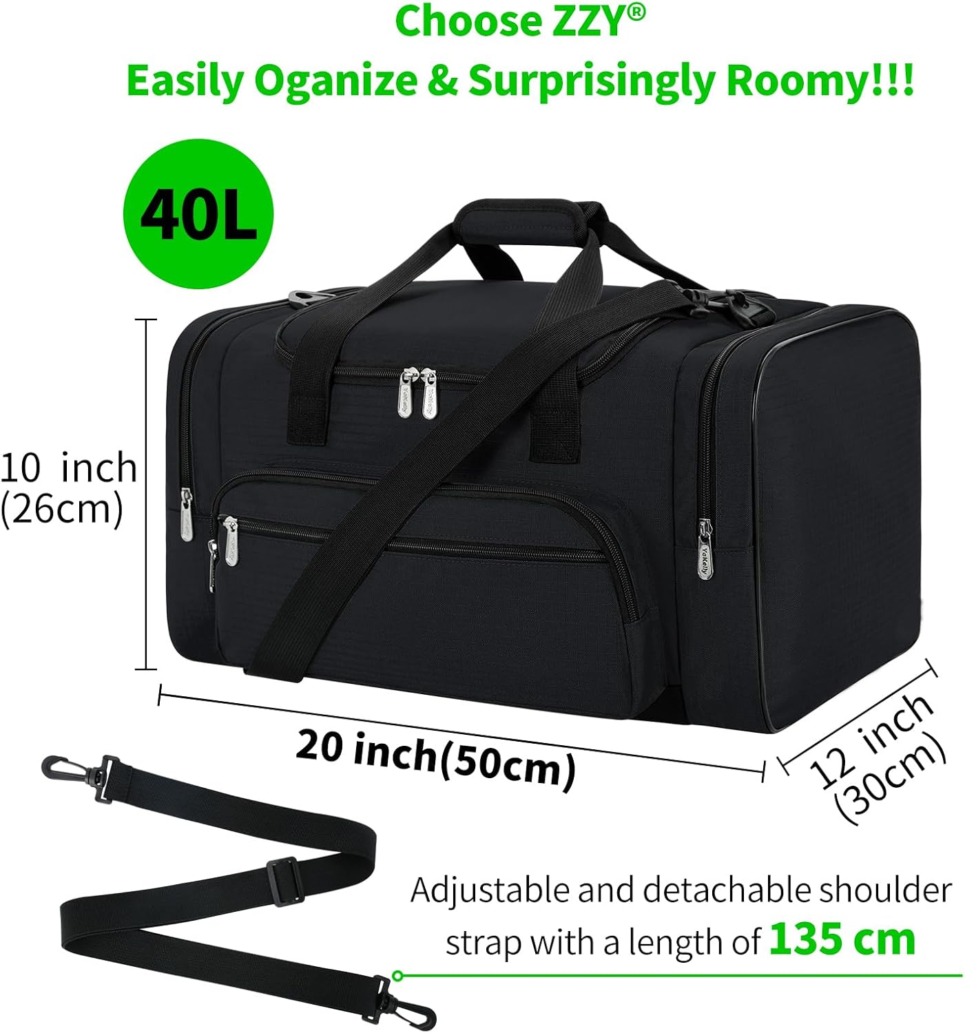 Detalle de ZZY Gym Duffle Bag 40L: Versatile, Water-Resistant Weekender for All
