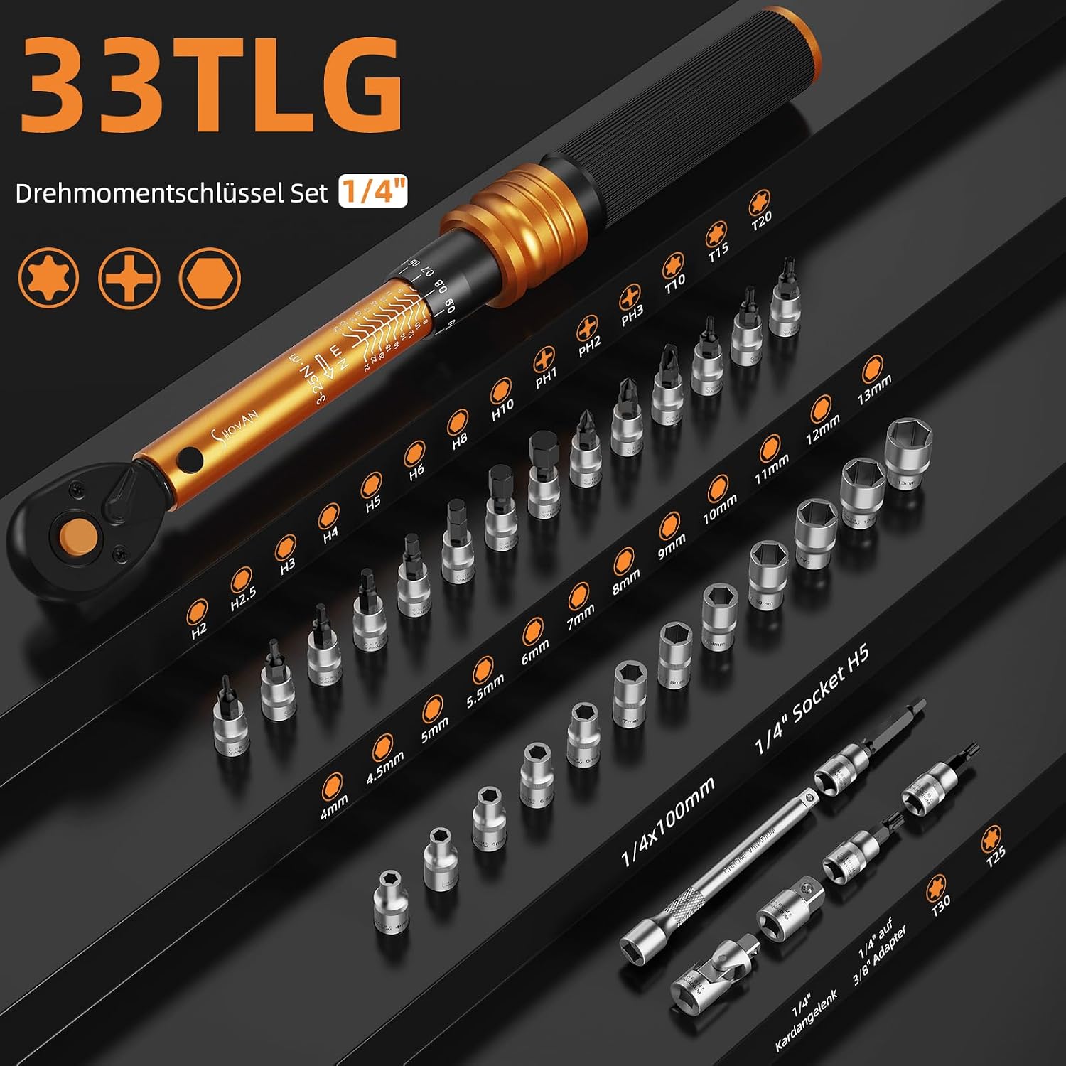 Detalle de Drehmomentschlüssel Fahrrad 1/4 Zoll – ss shovan, 3–25 Nm, 72 Zähne, 33‑teiliges Set inkl. Verlängerungen und Adapter