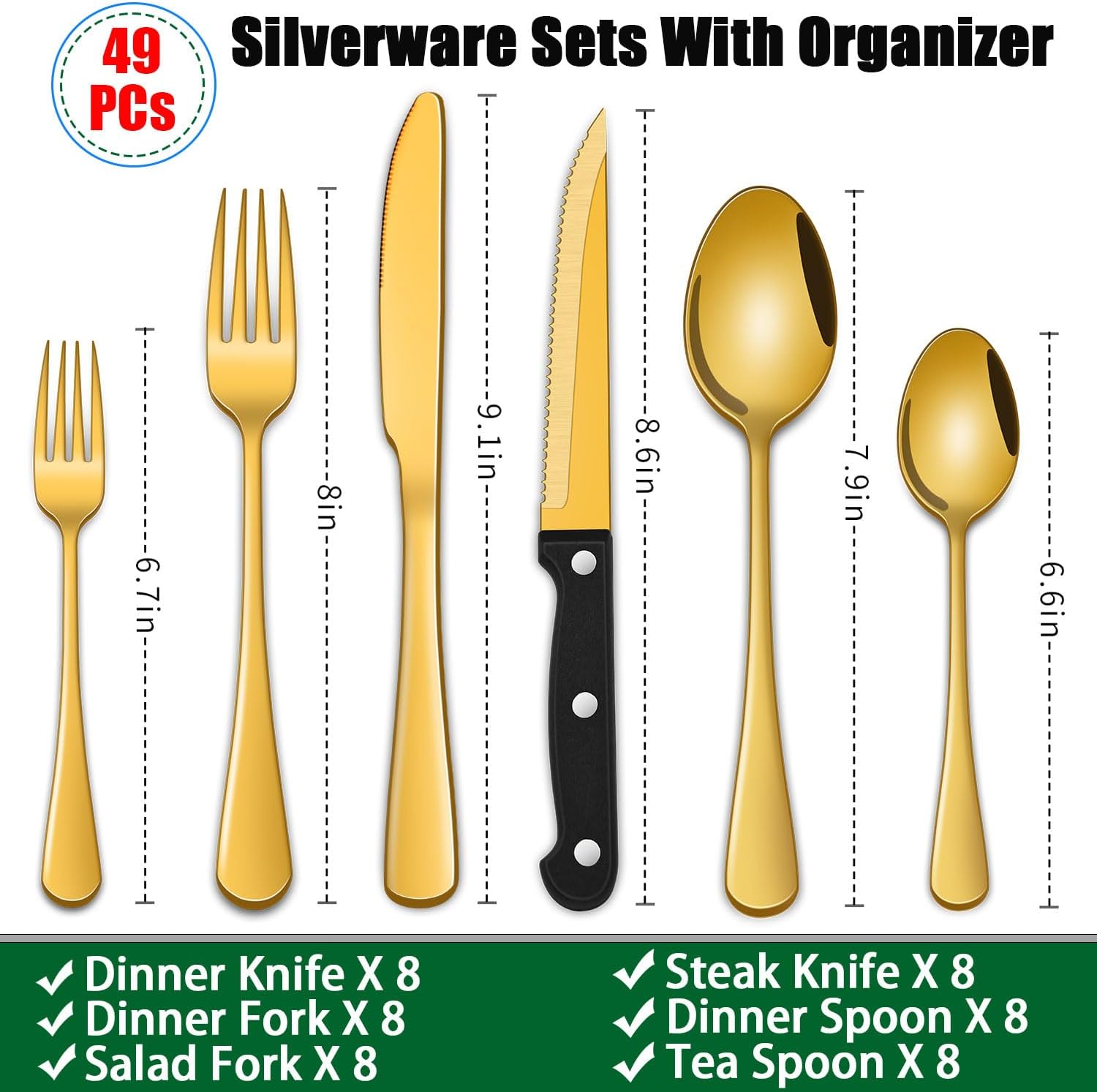 Detalle 2 de Dehov T1010-48 49-Piece Gold Stainless Steel Flatware Set with Organizer