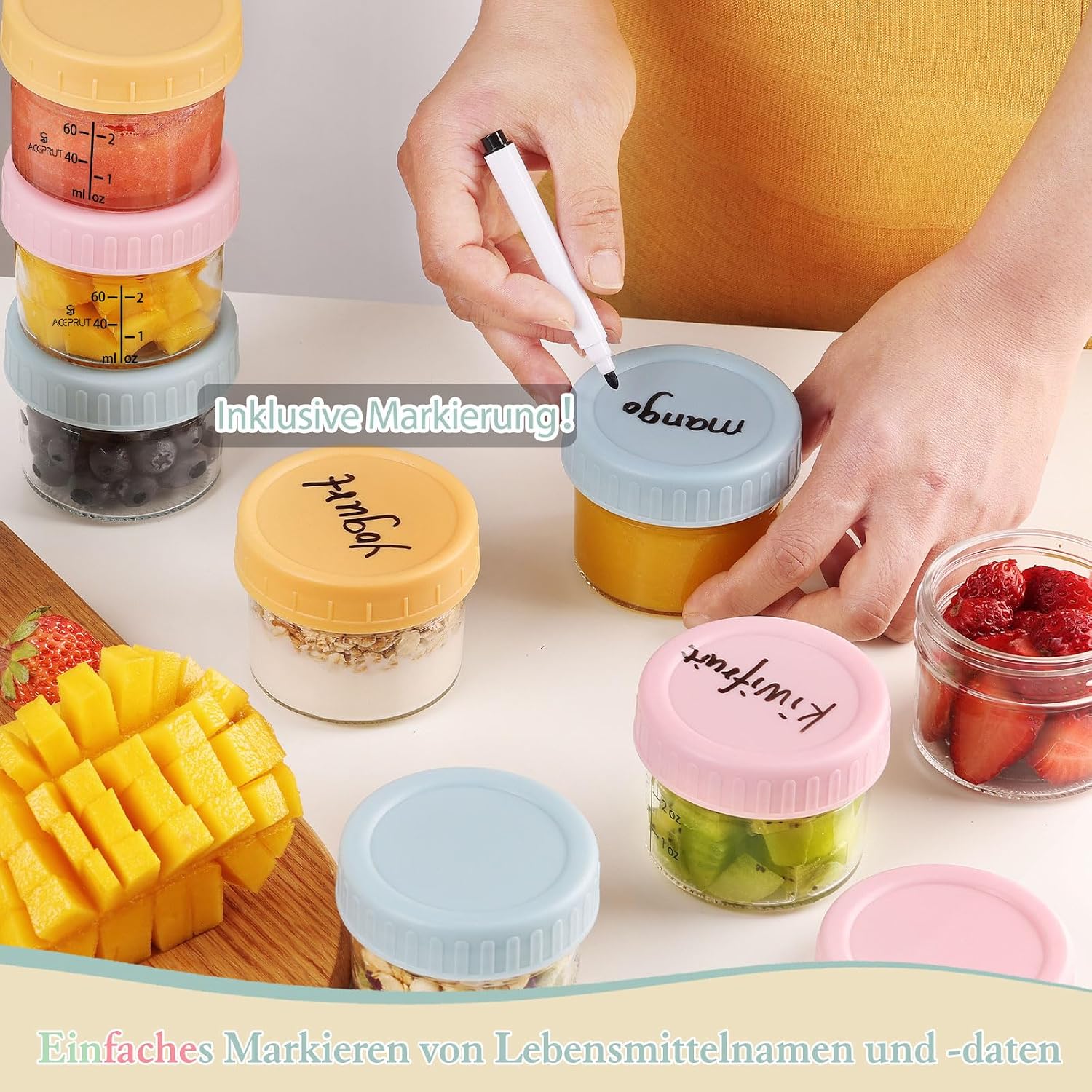 Detalle 2 de ACEPRUT 14 Stück Glas Babybrei Einfrieren Behälter 60ml/200ml
