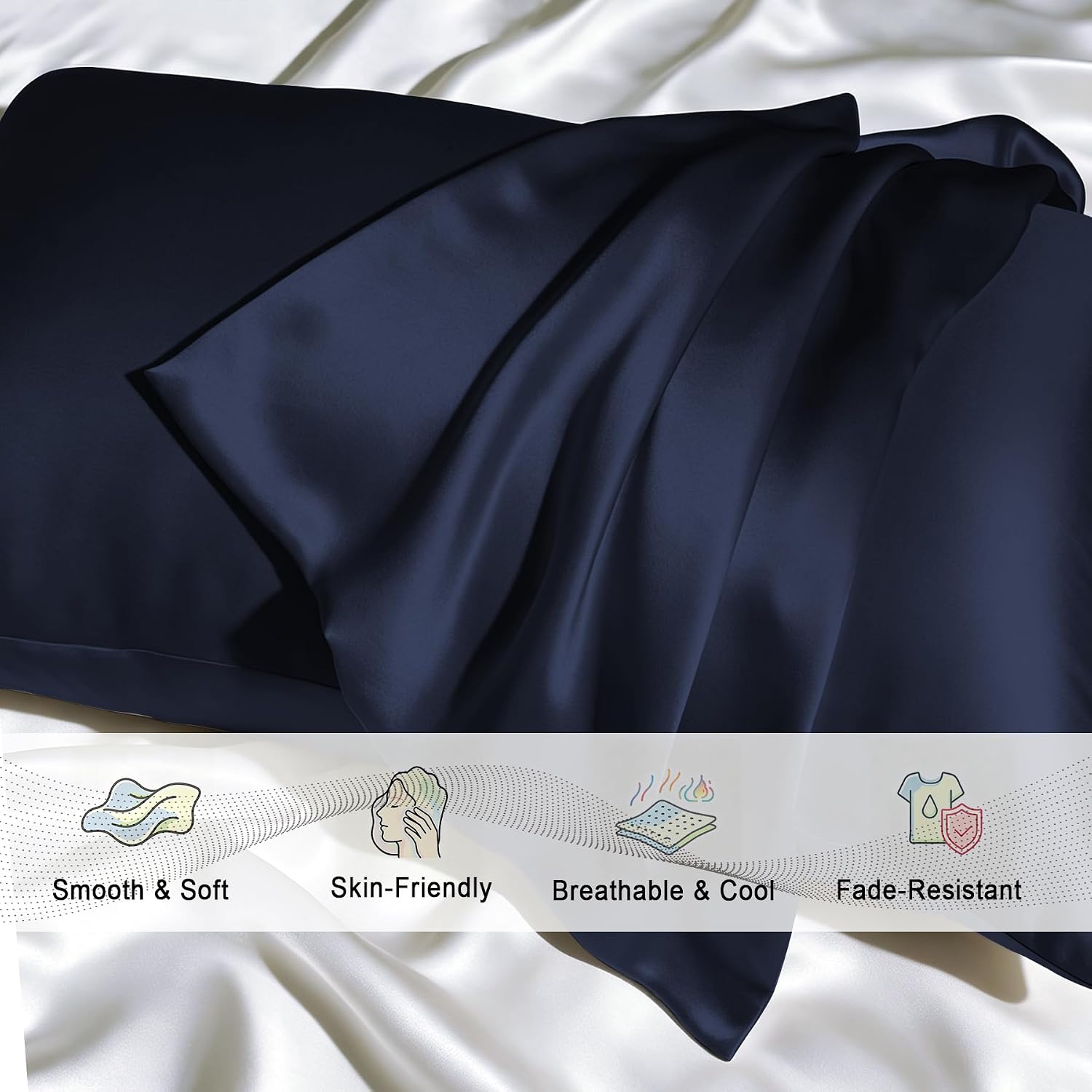 Detalle 2 de Gabire Mulberry Silk Pillowcases Set of 2 (Navy), Hidden Zipper, Standard 20"×26