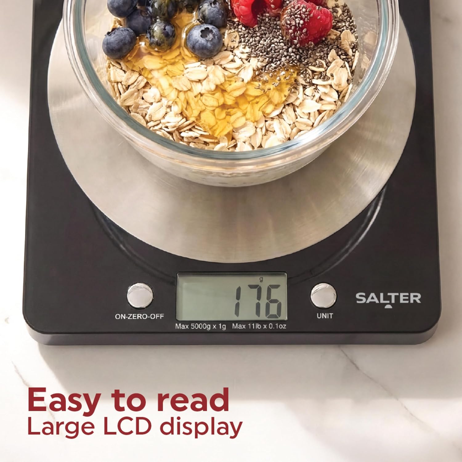 Detalle 2 de Salter 1036 BKSSDR Digital Kitchen Scale – 5kg Capacity, Stainless Steel Platform, Tare Function
