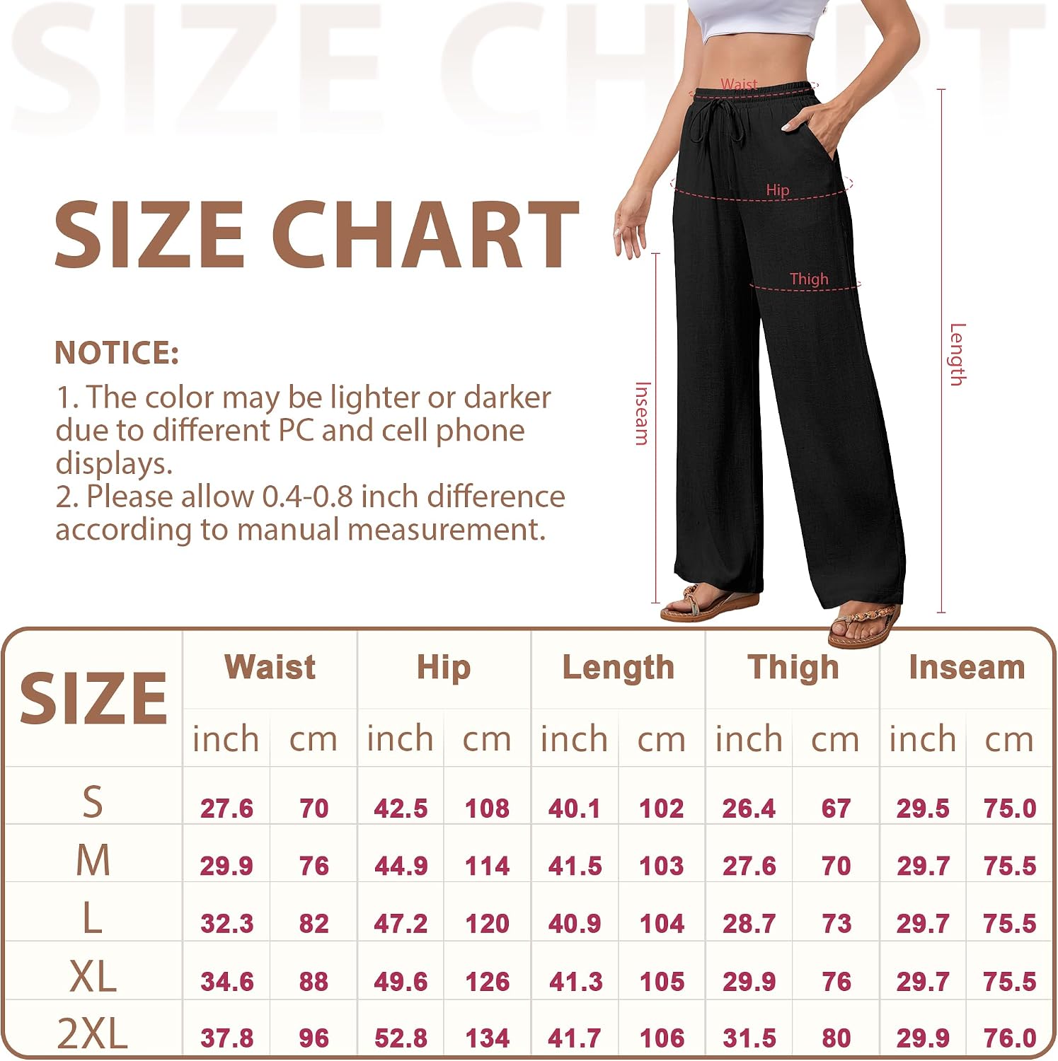 Detalle 2 de hellobaby Women's Cotton-Linen Palazzo Pants, Wide Leg with Drawstring Waist