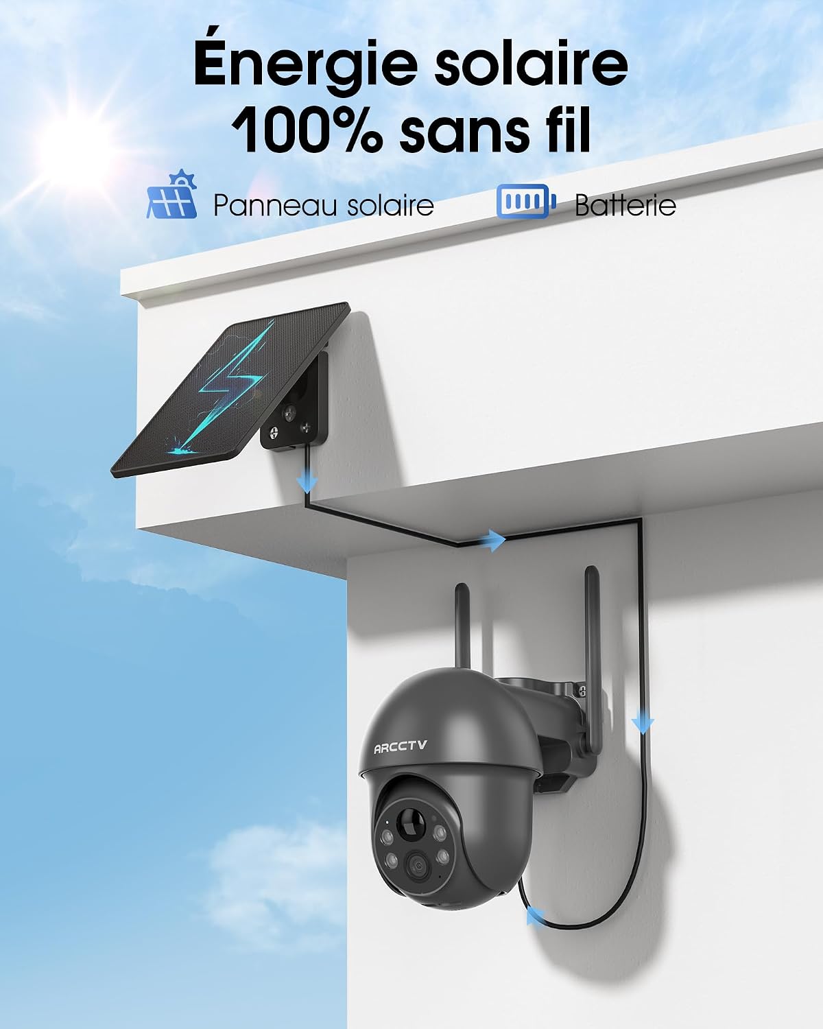 Detalle de ARCCTV 4MP Caméra Surveillance WiFi Extérieure Solaire — Lot de 2, Détection PIR, Audio Bidirectionnel et Rotation 360°