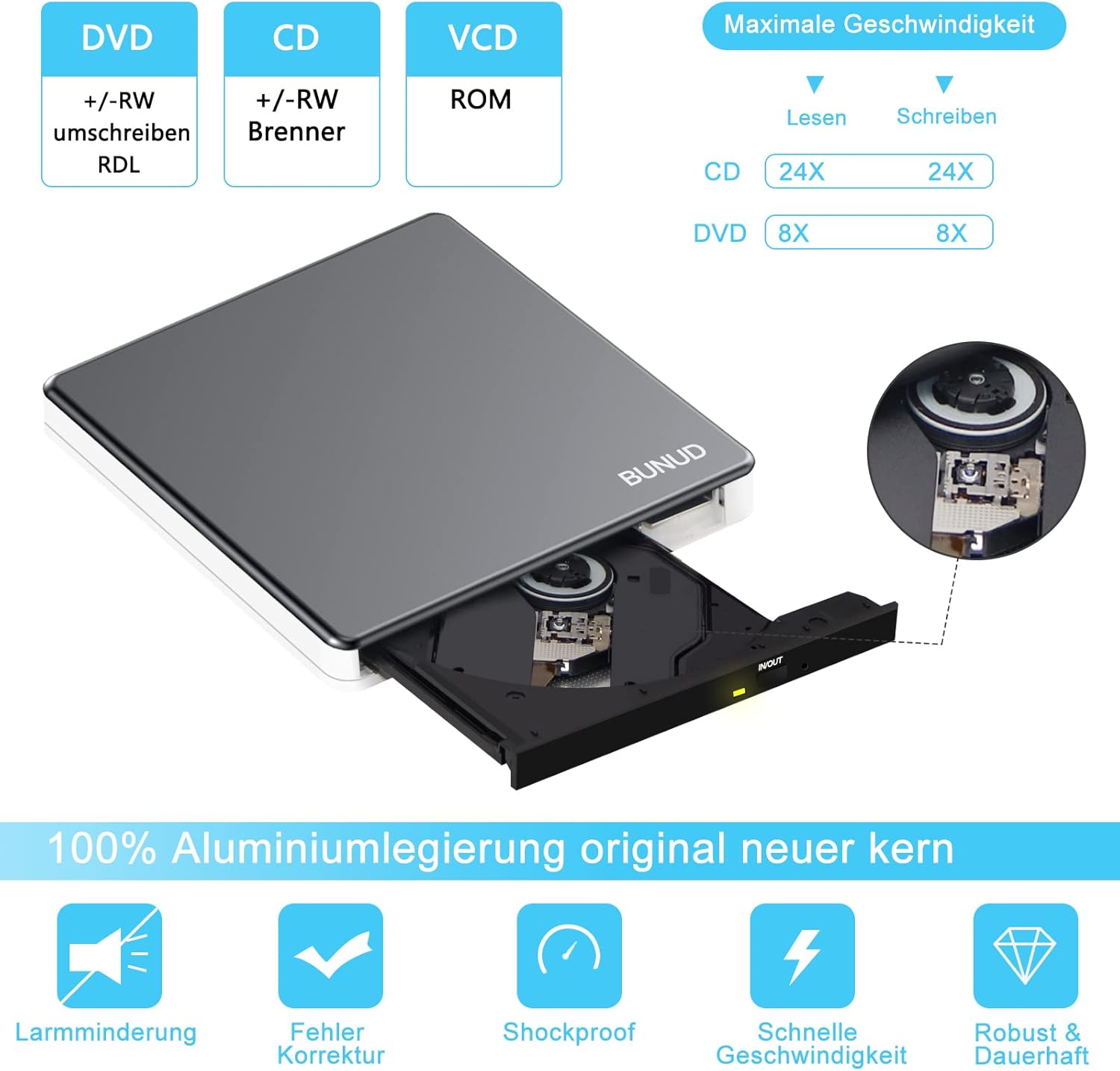 Thumbnail 1 de BUNUD externes CD/DVD-Laufwerk für Laptop (USB-C/USB 3.0) mit SD/TF & 2 USB-Ports