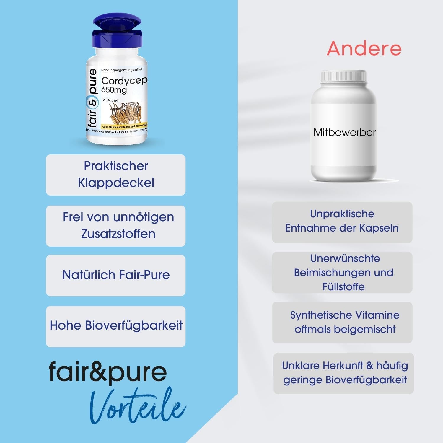 Detalle de Fair & Pure Cordyceps 650mg, 120 Kapseln – veganes Nahrungsergänzungsmittel ohne Zusätze, hergestellt in Deutschland