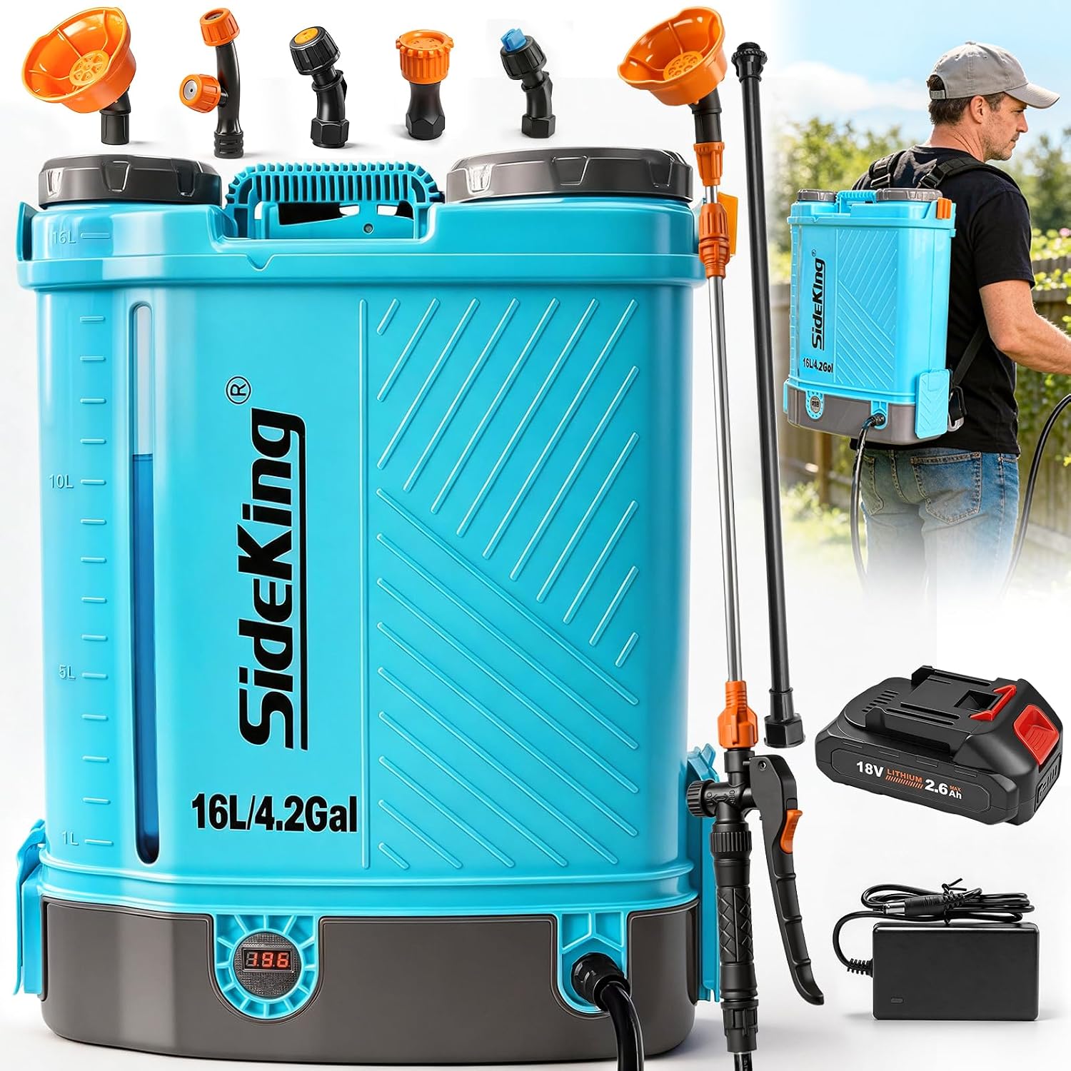 SideKing Pulvérisateur à Dos 16L — Électrique, compatible Makita 18V, 7 Bar, Lance Télescopique